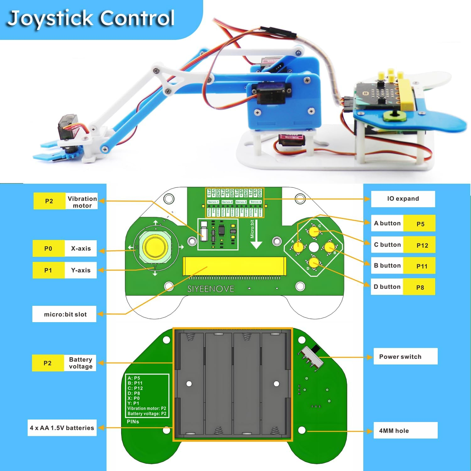 Micro:Bit Programmable Robotic Arm Kit with Joystick Controller for STEM Education | Compatible with Makecode | Ideal for K12 Students, Microbit V2 and AA Batteries Not Included