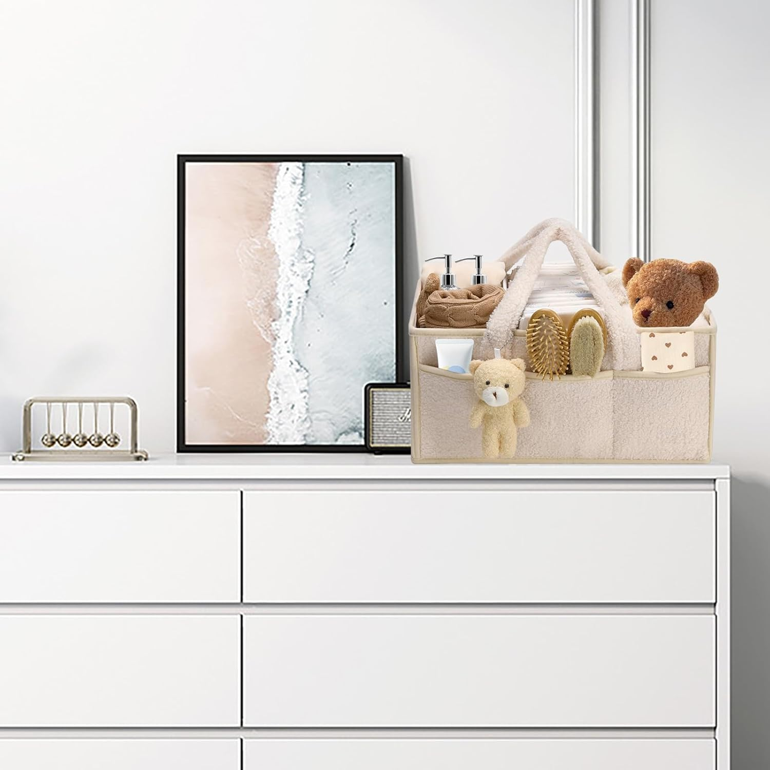 Baby Nappy Caddy, Portable Nappy Organiser, Divided Design, with Removable Inserts Nursery Storage Basket, Car Caddy (Beige) - Green image number 7