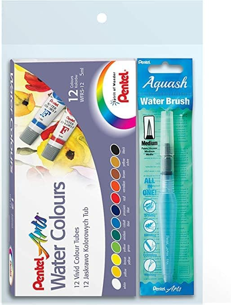 Pentel Arts Water Colour Paints 12 Assorted Colours with a Bonus Medium Aquash Water Brush (OYWFRS-12) image number 1