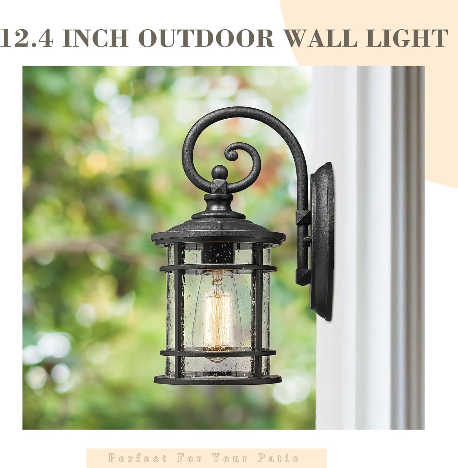 EMLIVIAR Outdoor Wall Light Fixture - Modern Exterior Wall Sconce for House with Seeded Glass Shade, 12.4 Inch Height, Black Finish, XE229B-S BK image number 4