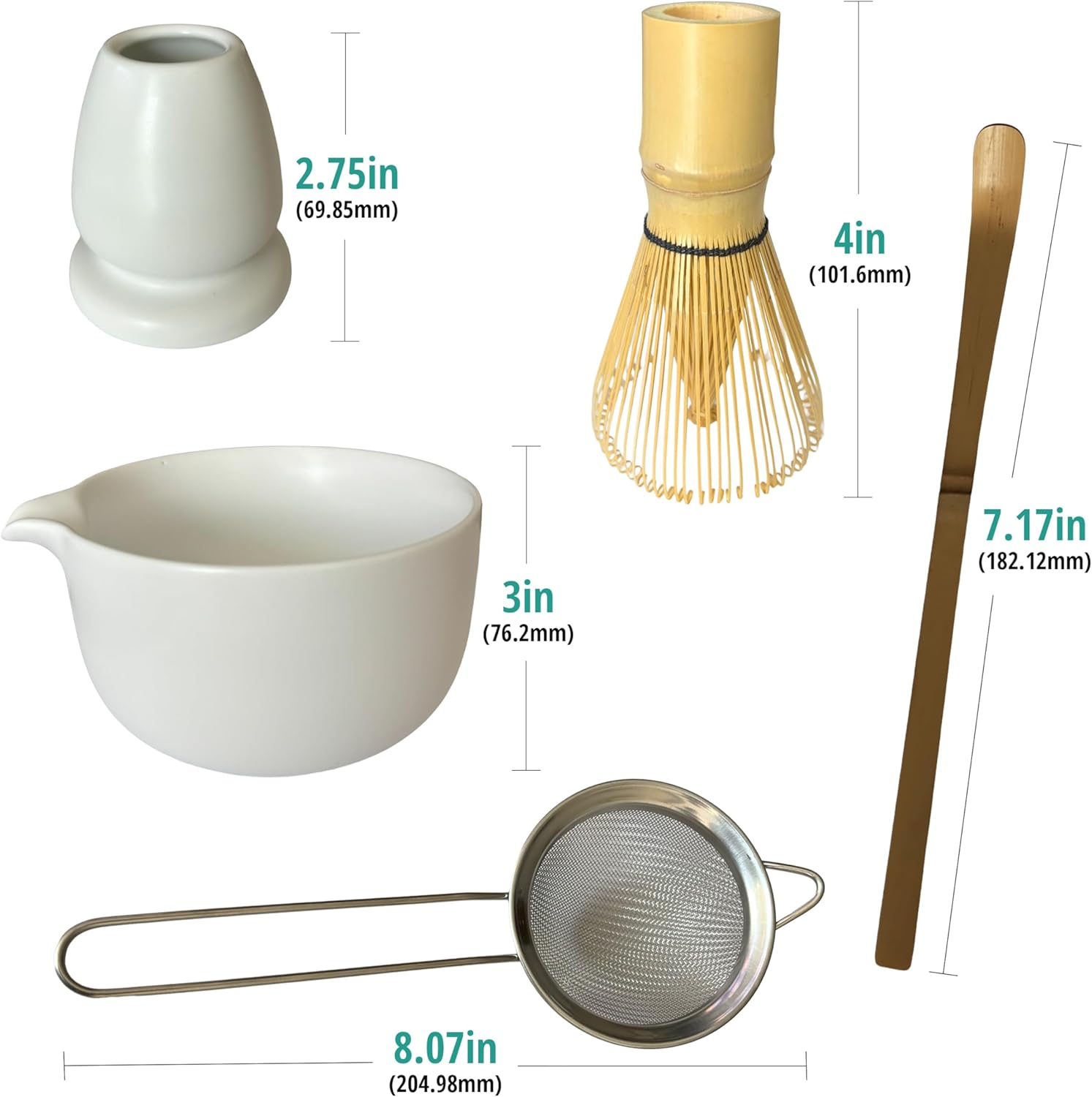 Matcha Whisk Set &ndash; 7-Piece Japanese Matcha Tea Set with Chasen, Matcha Bowl, Sifter, Tea Strainer, Whisk Holder & Kitchen Towel &ndash; Complete Matcha Kit by Giftora (White) image number 5