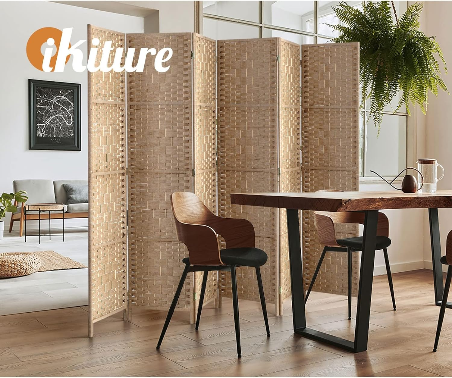 Oikiture Room Divider 6 Panel Screen Wood image number 3