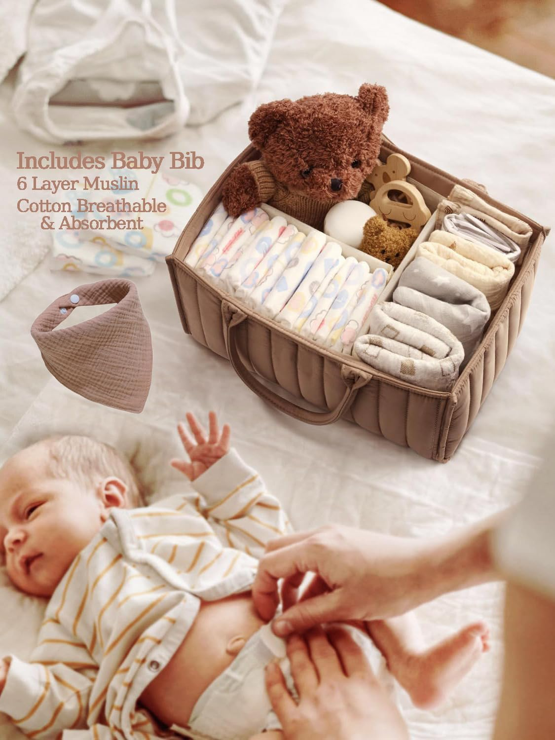 Diaper Caddy Organizer - Large Nappy Caddy Organizer for Baby Nursery, Car Storage Organizer, Baby Gift Basket, Changing Table Organizer, Portable Baby Caddy Organiser (Khaki, with Bib) - Khaki image number 3