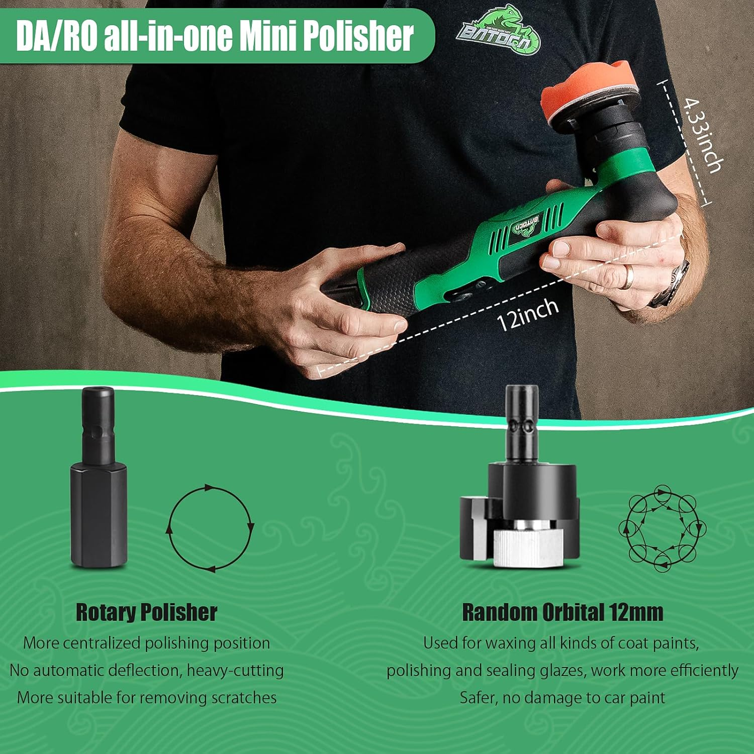 BATOCA S5 Cordless Mini Car Polisher Buffer Sander Dual Action & Rotary Polishing Machine 2 Battery 25Mm/75Mm Polishing Pads Detailing Kit 6 Variable Speeds 2000-5500RPM for Car Boat Polishing Buffing image number 3