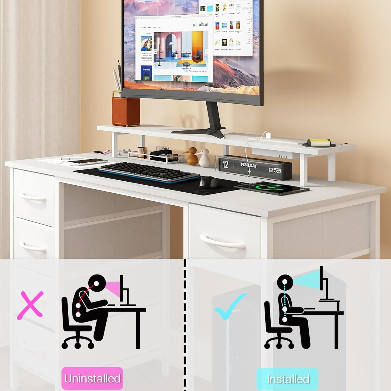 Advwin White Computer Desk with 4 Drawers, 120Cm Gaming Desk with LED Lights & Power Outlets, Study Table with Monitor Stand and Shelf, Home Office Table for Bedroom Workstation