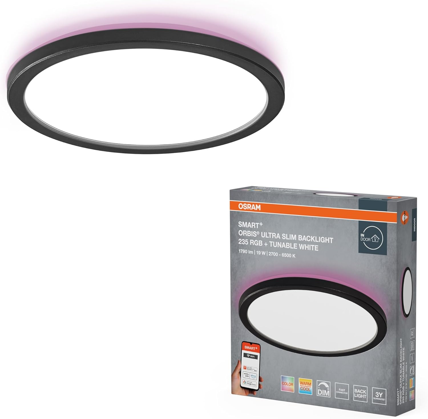OSRAM Smart+ Orbis Wifi Panel Light, Black, 19 W, 1790 Lm, 235 Mm, Adjustable White Light (2700 K-6500 K), Frame with RGB Colour Light, Dimmable, Controllable via App, Compatible with Amazon, Google image number 3