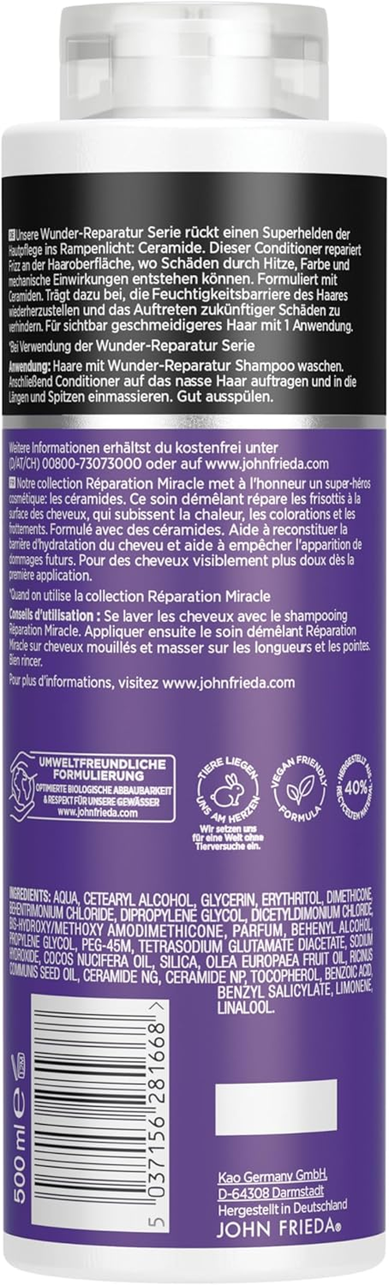 John Frieda Wunder Repair Shampoo/Conditioner Value Set - Contents: 1X Shampoo 500 Ml & 1X Conditioner 500 Ml - Refillable - Frizz Ease Series - for Unruly and Damaged Hair image number 5