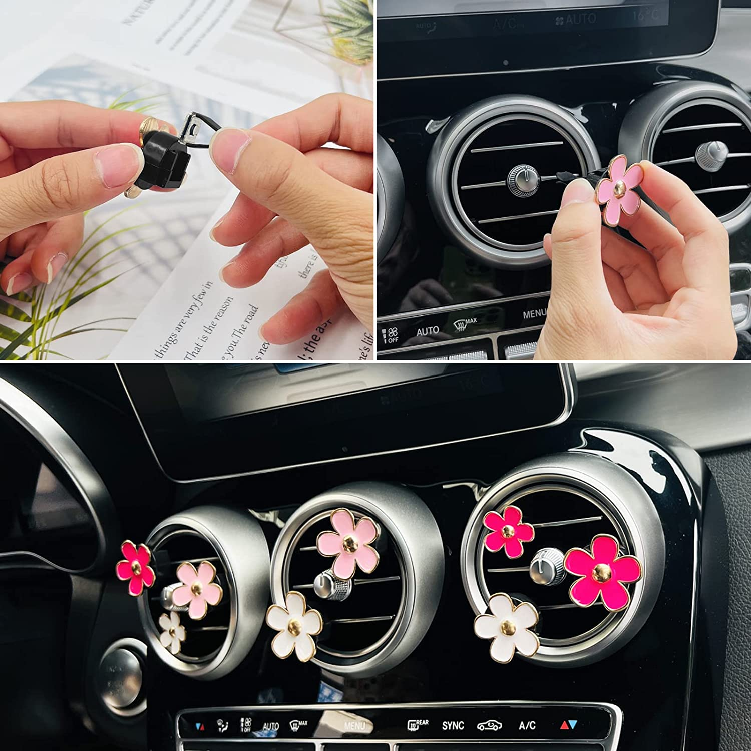 Sourceton 11 Pcs Daisy Car Decoration Flower Set, Pink & Multicolor Daisy Air Outlet Petals & Coasters image number 4