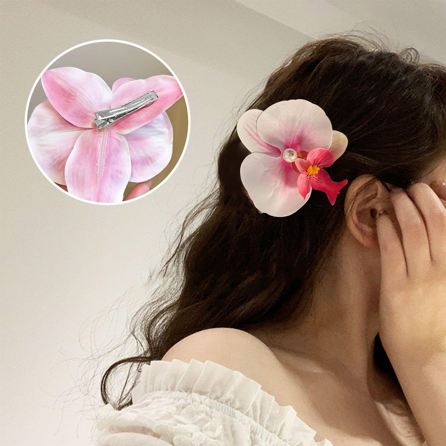 Pack of 2 Large Flower Blossom Hair Clips, 2 Pieces Flower Pearl Hair Clips, Orchid Blossom Hair Clips, Bohemian Flower Hair Clips, Butterfly Orchid Hair Clips, Hair Accessories Flowers image number 1