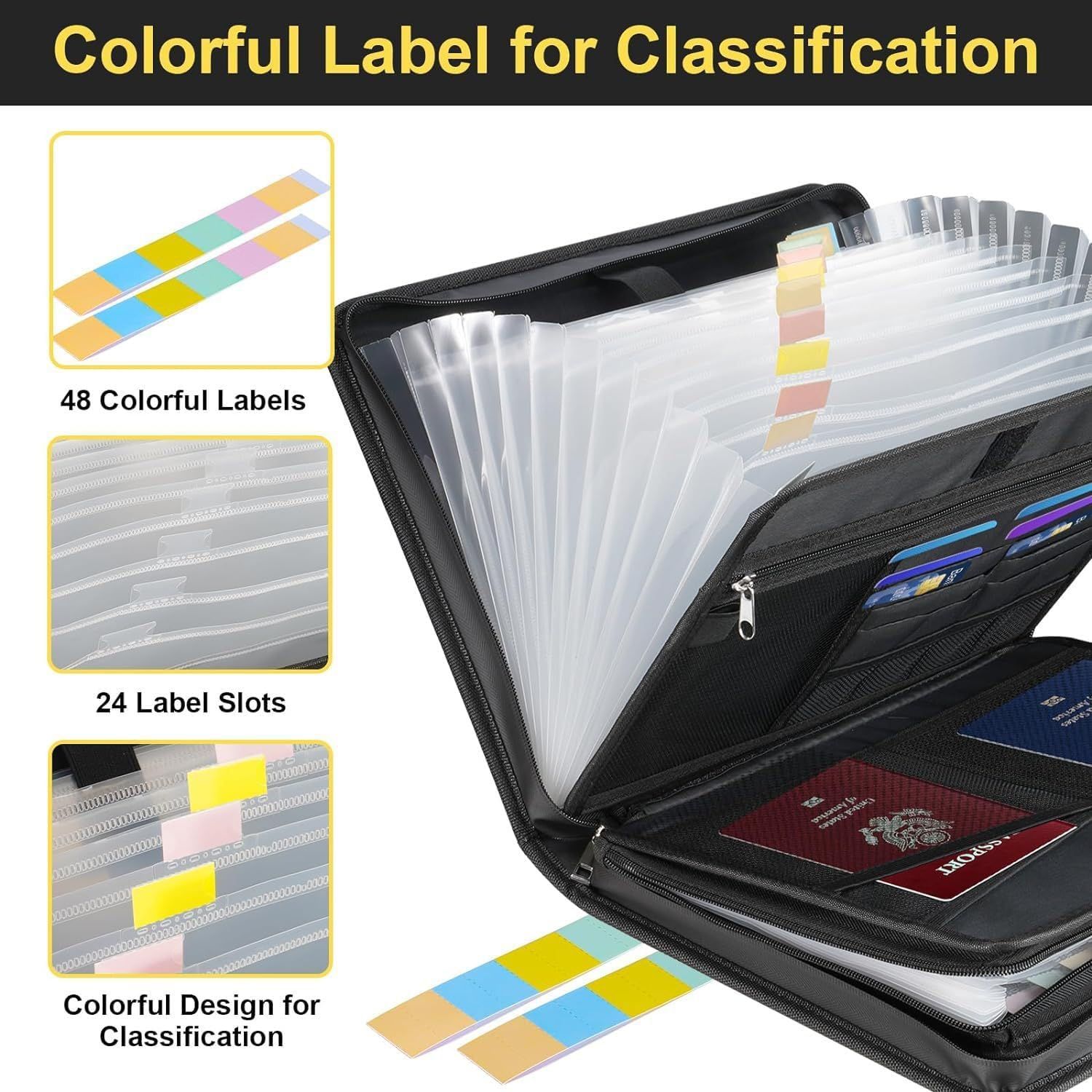 Accordion File Organizer, Fireproof Expanding File Folder with Pockets,13 Pockets Document Organizer with Zipper and Labels, Portable Home Travel Safe Storage for Letter A4 Files and More (Black) image number 1