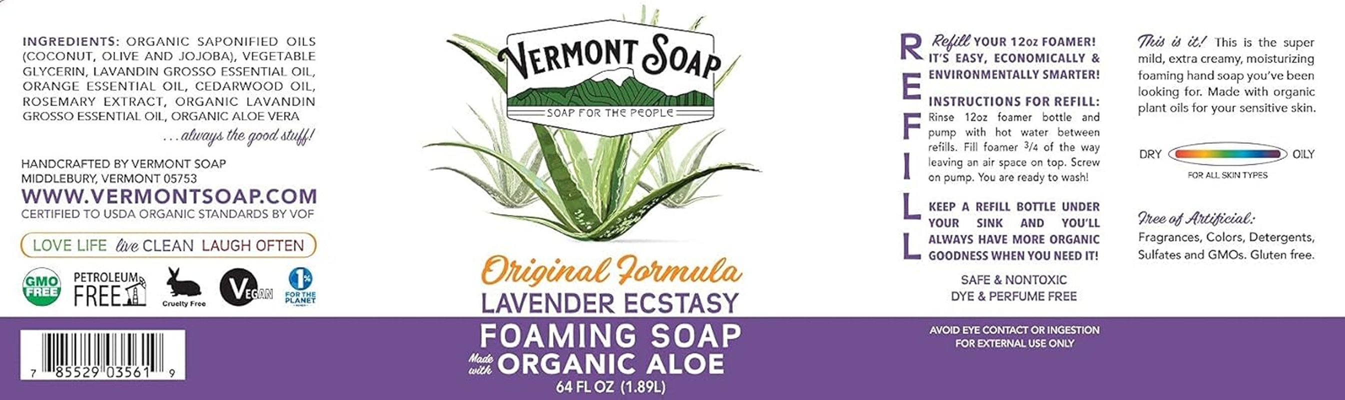 Vermont Soap Organic Lavender Foaming Hand Soap - Natural Moisturizing Soap for Dry Skin - Fragrance Free Liquid Bathroom Hand Soap Dispenser - Lavender- 64 Oz image number 2