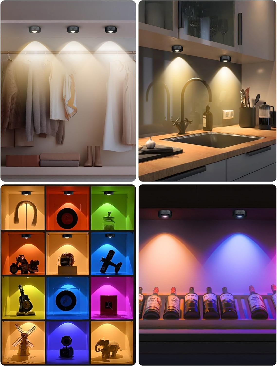MERTTURM Rechargeable RGB Puck Light, 1200 Mah Wireless Cupboard LED Cabinet Light, Dimmable Stick on Wall Light with Remote Control/Timer for Wardrobe/Kitchen-3 PCS image number 4