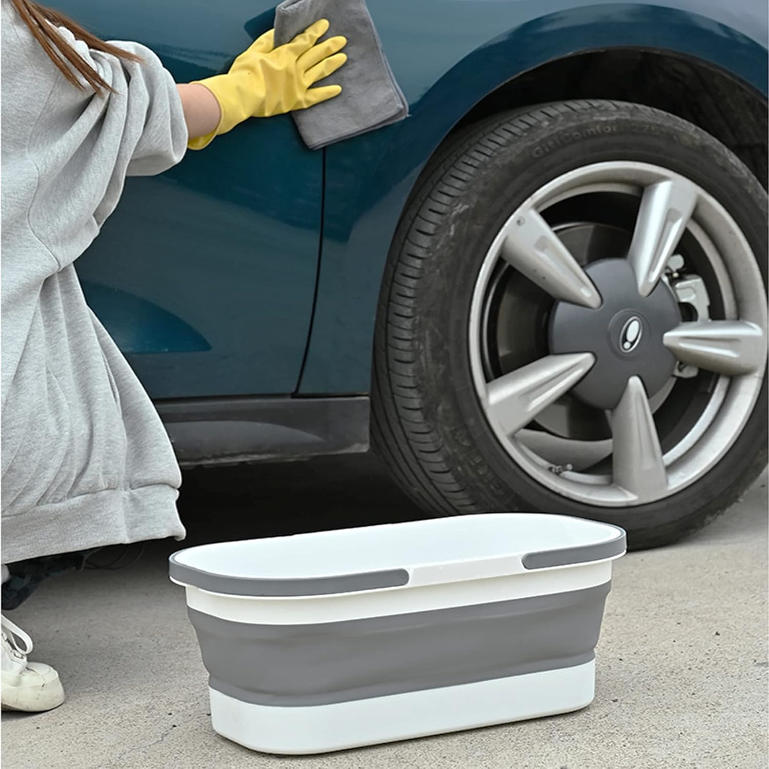 Goderewild Collapsible Plastic Bucket with Wheels 12L (3.17 Gallon) for House Cleaning, Camping, and RV - Multi-Purpose Rectangular Handy Basket for Cleaning Mop - Lightweight and Portable (Blue) - 12L-Blue image number 5