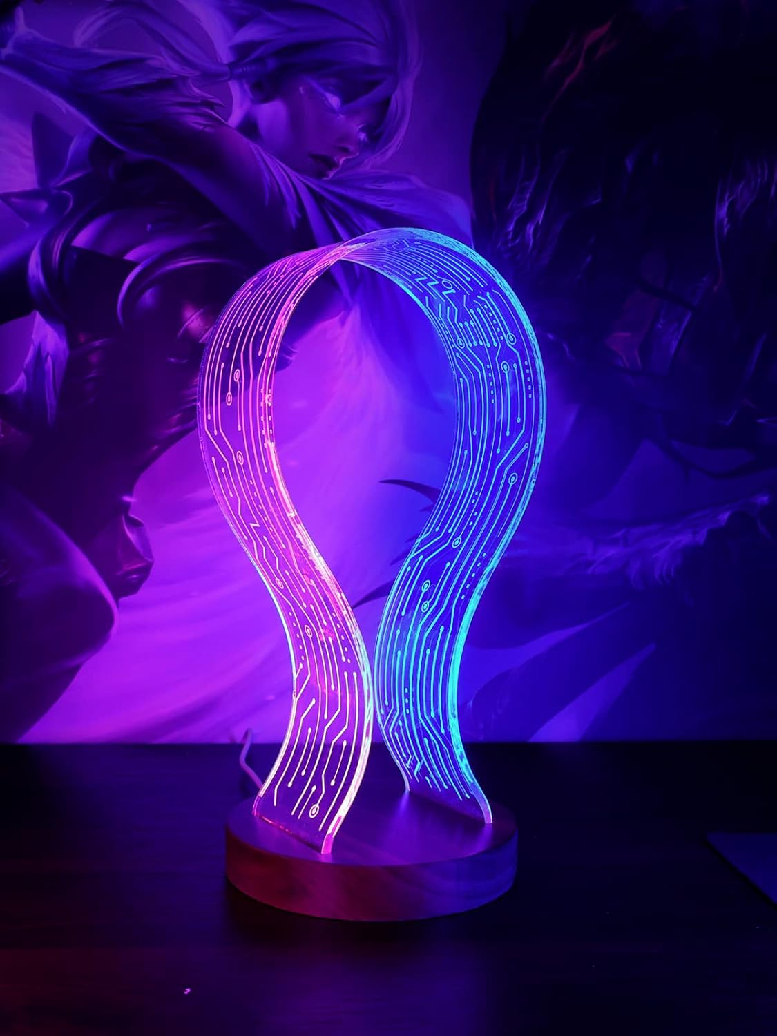 Yuandian Headphone Stand, Walnut Wood Headset Holder with Blue Pink LED Night Light for Gamers, Men, and Music Lovers - Perfect Desk Gift Idea image number 1
