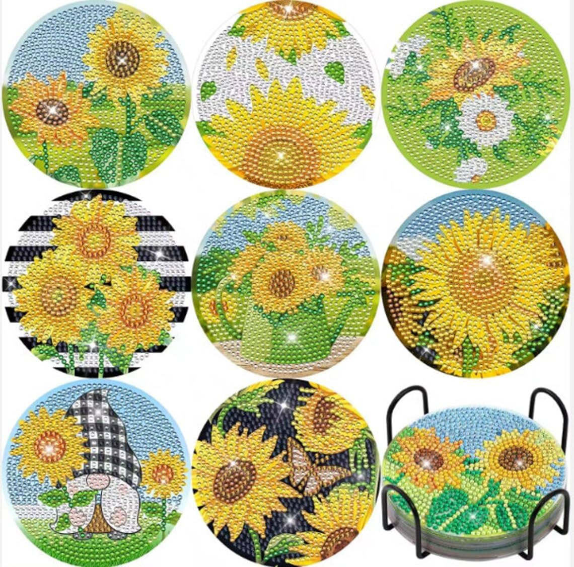 8Pcs 5D Diamond Painting Sunflower Gnome Coasters DIY Summer Kit with Holder