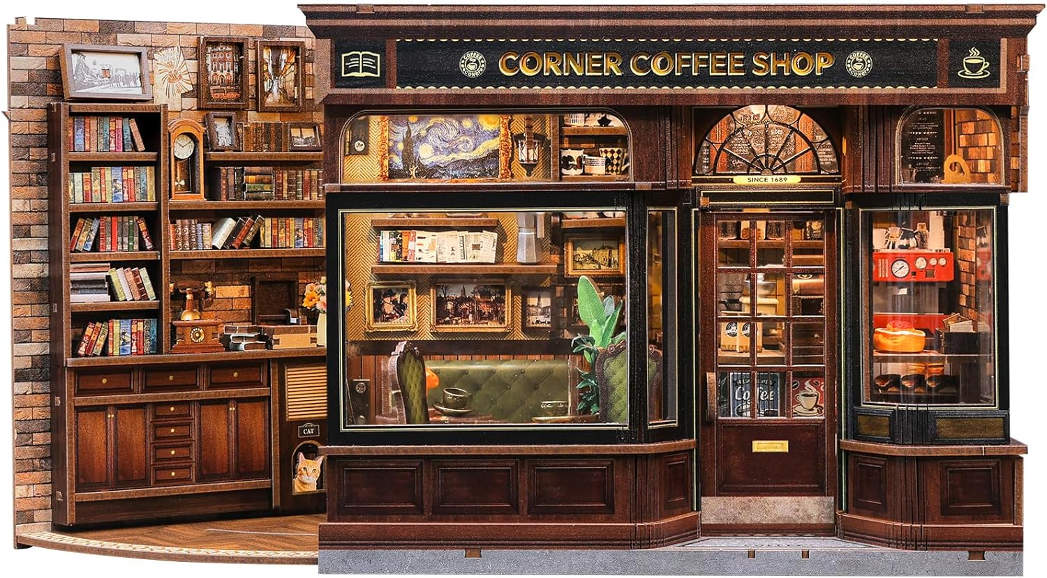 CUTEBEE Book Nook Kit - DIY Miniature House Dollhouse Kit for Adults and Teens, Booknook Tiny House Bookshelf Decor with LED Light, Gifts for Family and Friends (Corner Coffee Shop) image number 3