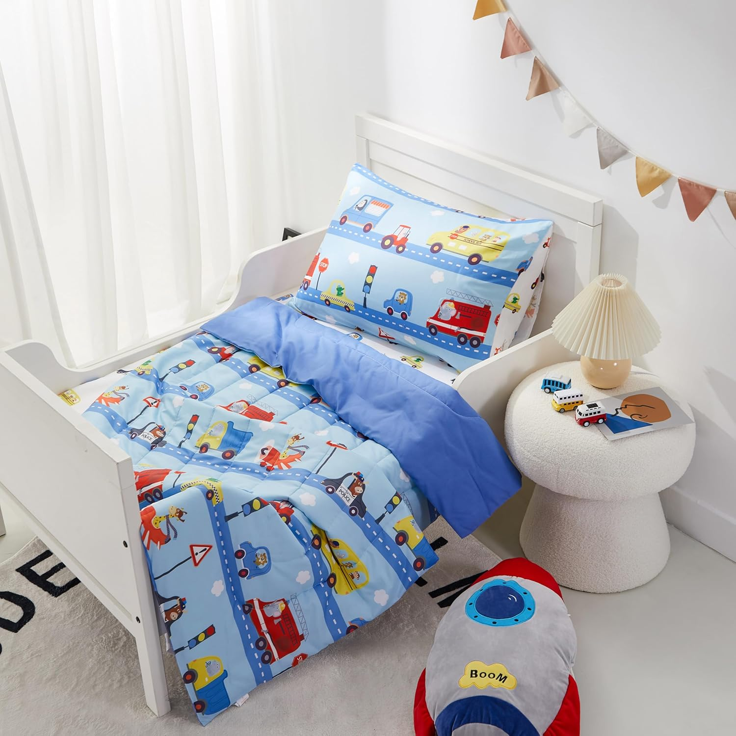 PINNKKU 4-Piece Toddler Bedding Set, Bed-In-A-Bag Comforter Set, Includes 1 Flat Sheet, 1 Fitted Sheet, 1 Comforter and 1 Reversible Pillowcase, Standard Toddler Comforter & Sheet Set, Cars & Road - Solar System image number 6