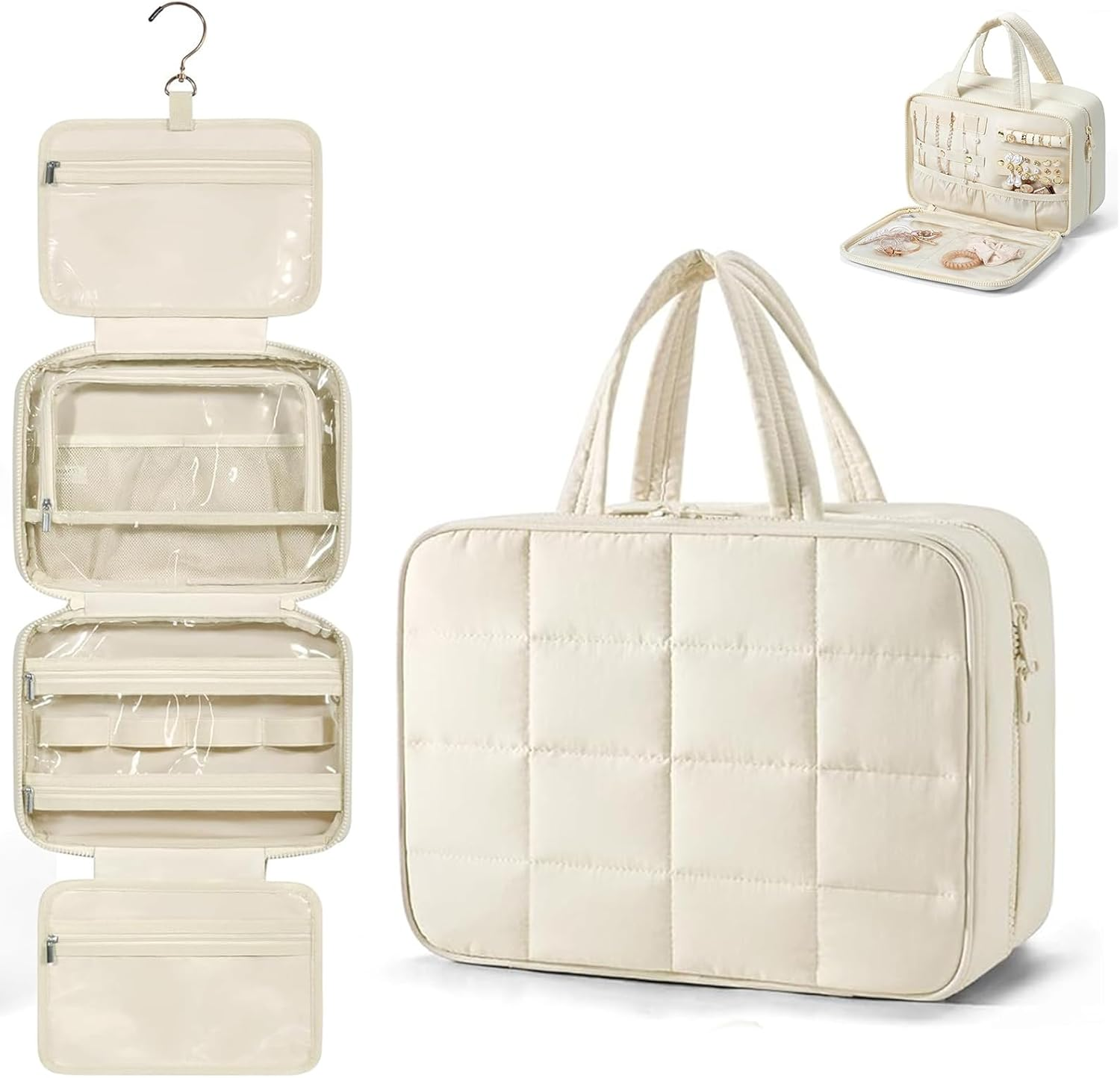 Blissora Hanging Travel Toiletry Bag for Women Men Valentines with Jewelry Organizer, Waterproof Cosmetic Bag Makeup Case Large Capacity, Travel Essentials, Travel Accessories Women (Beige, L)