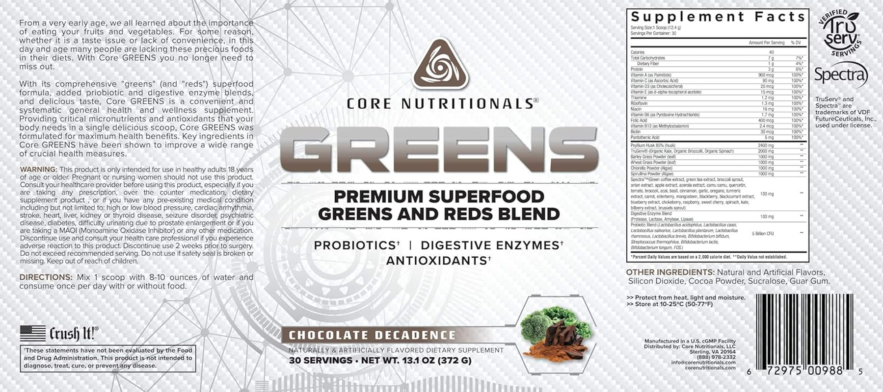 CORE Nutritionals Chocolate Decadence Flavour Green and Reds Blend Superfood 30 Servings image number 1