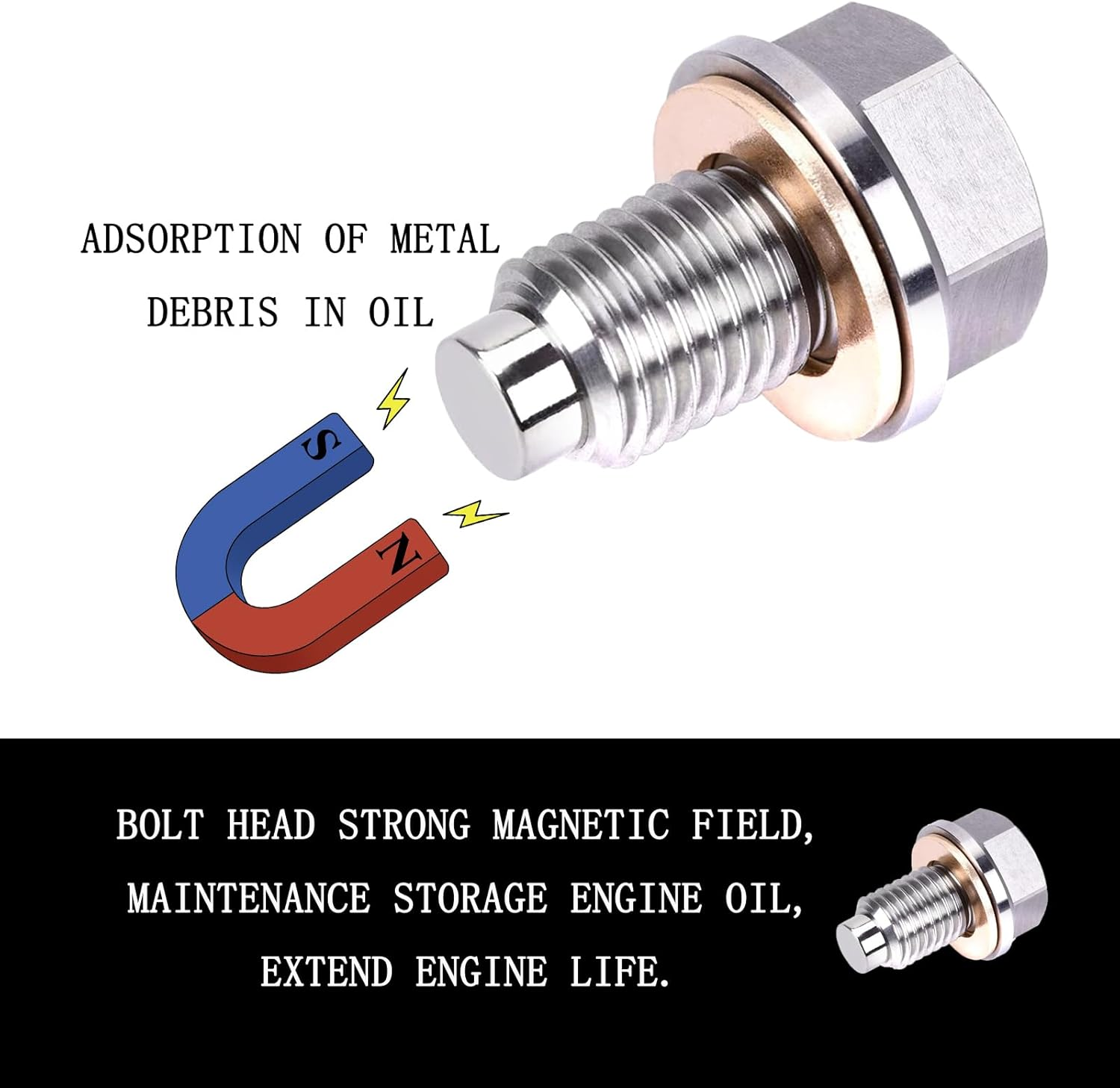 M14X1.5 Magnetic Oil Drain Plug, Magnetic Stainless Steel Oil Pan Drain Nut Bolt with 5PCS Copper Crush Washer anti Leakage, Universal Leak-Proof Replacement,Fits Most Cars,Motorcycles,Boats image number 5