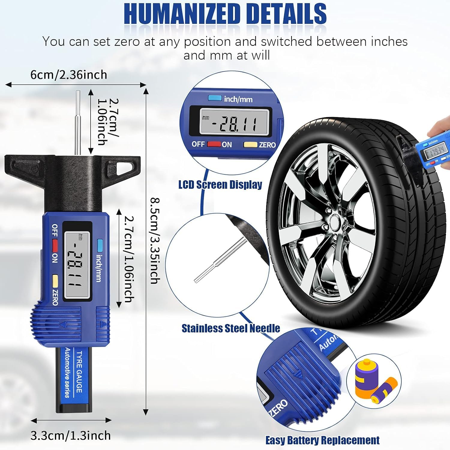 Tire Tread Depth Gauge, LCD Digital Tire Wear Gauge Tread Checker with Inch and MM Conversion Tread Checker Tire Tester for Cars Motorcycle Trucks Vans SUV (Blue)