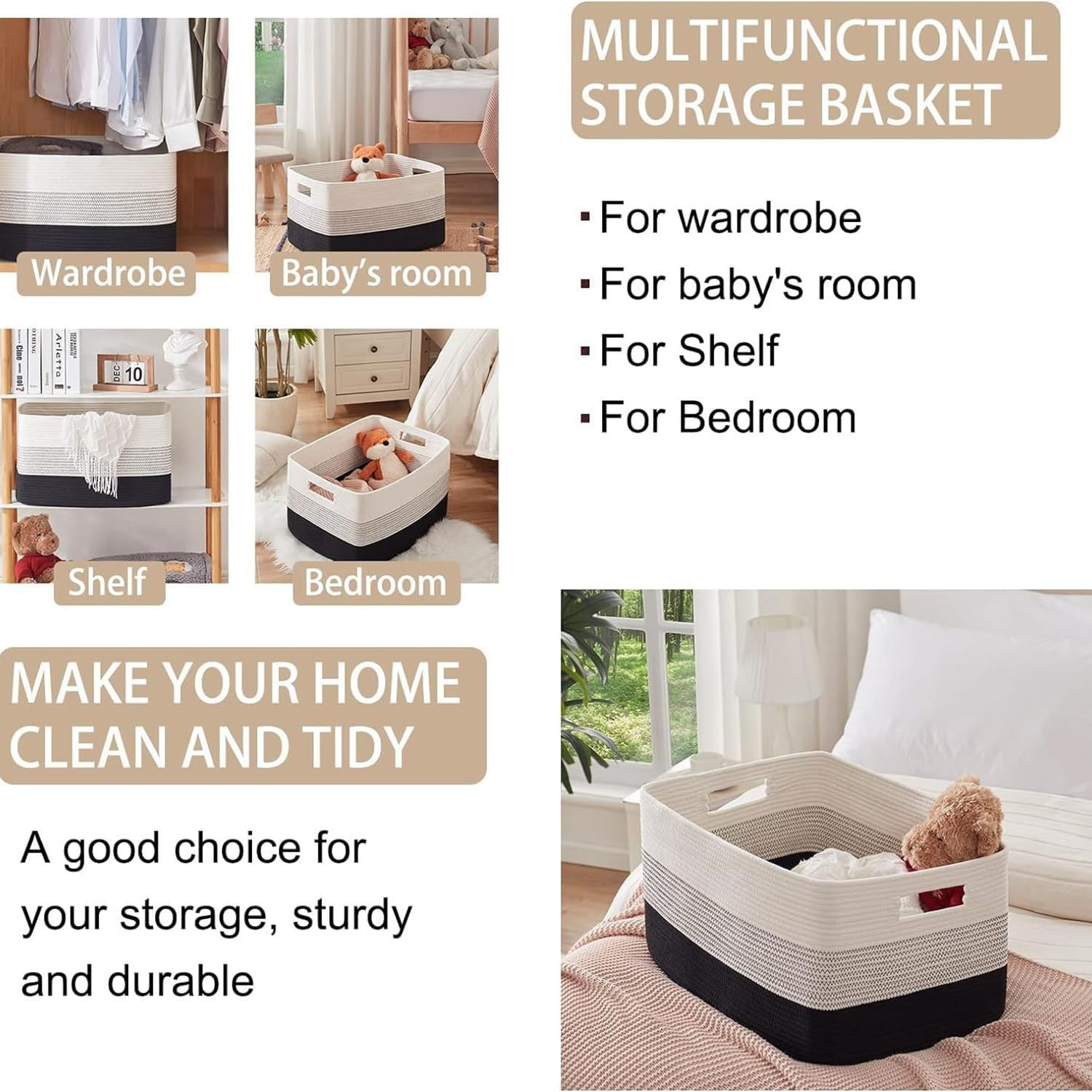 AIMANWEI Large Woven Cotton Rope Laundry Basket（21.6X16.9Inch）,Collapsible Laundry Hamper with Handle for Storage Pillows Clothes Toy Organizer Laundry Hamper with Handle (Black) image number 2