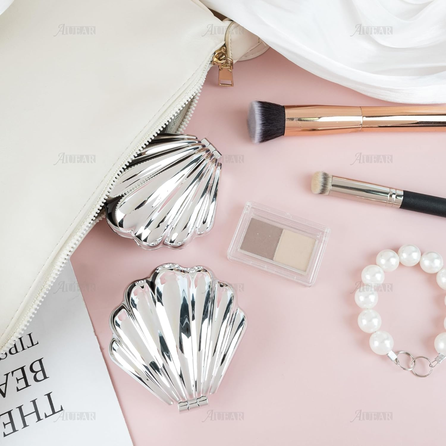 AUEAR, 4 Pack Shell Shape Hair Brushes with Mirror Foldable Portable Pocket Comb Massage Women Silver image number 4