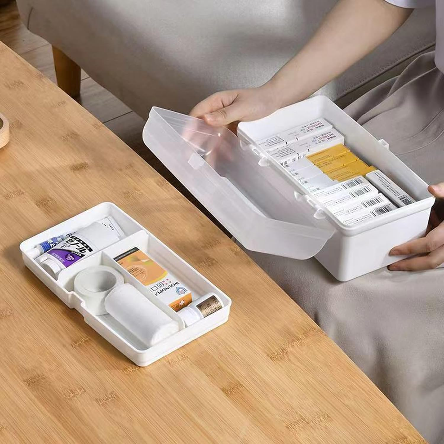 2 Layers Plastic First Aid Box with Portable Handle,Emergency Medicine Kit Case Organizer for Family,Empty Medicine Box for Home Large Capacity Medicine Storage Bins with Lid（12 * 12 * 21Cm） image number 3