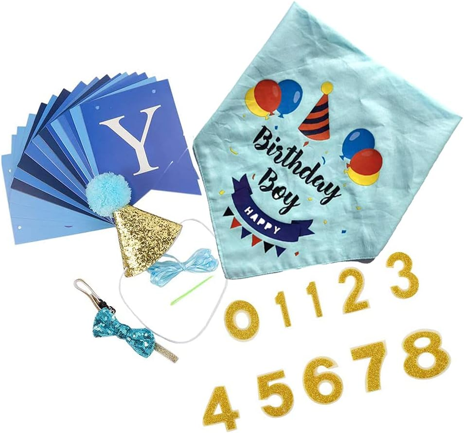 DGBAY Dog Birthday Bandana, Hat, Bow Tie & Banner Set - Blue - Cotton - Medium/Small Dogs & Cats - Costume Accessory Set image number 5