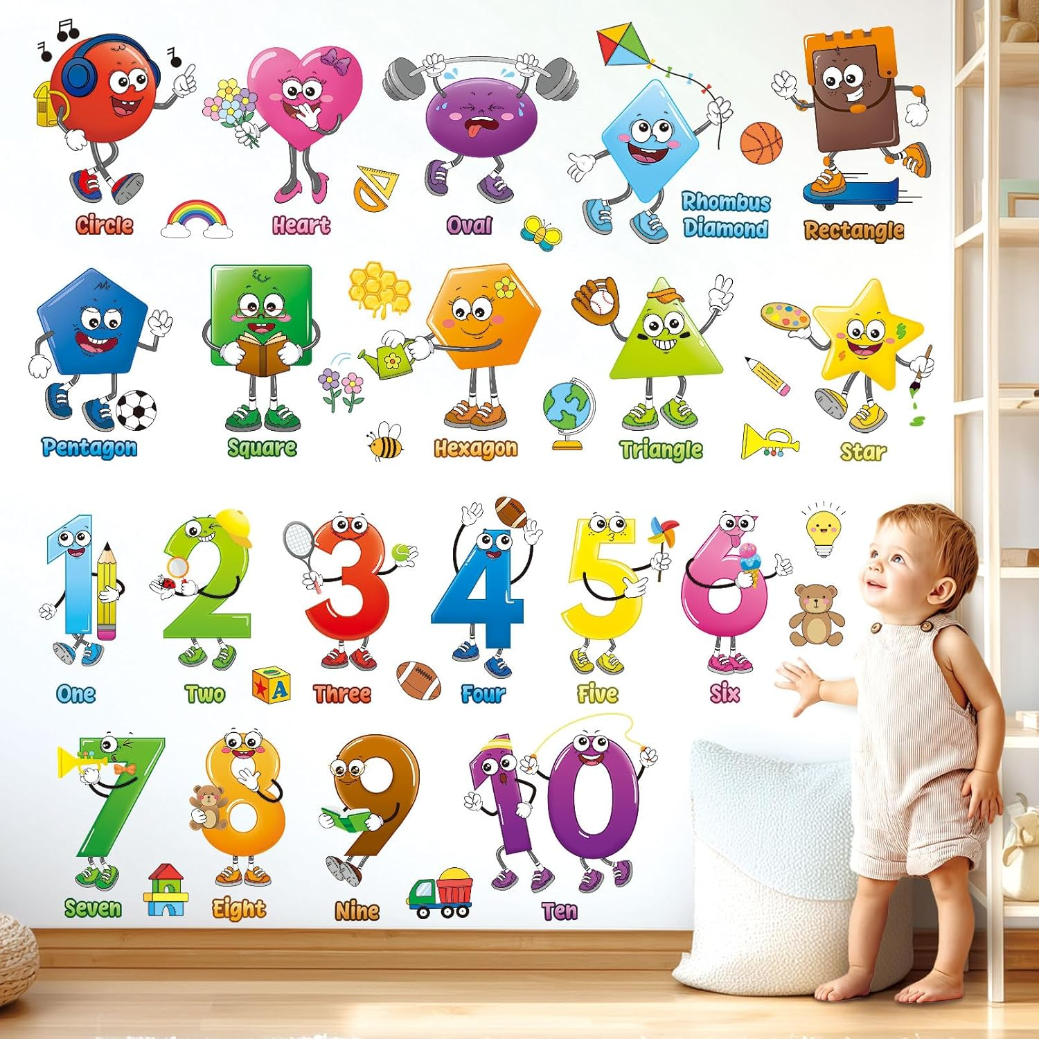 DECOWALL DS9-8095 Shape and Number Wall Decals Educational Colorful Peel and Stick Removable Stickers for Kids Nursery Preschool Playroom Classroom Decor