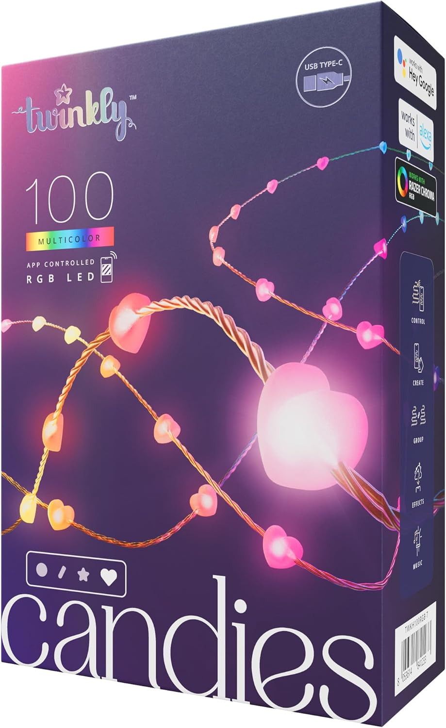 Twinkly Strings AUB-C &ndash; 100 Heart-Shaped RGB Leds, Clear Wire, AUB-C