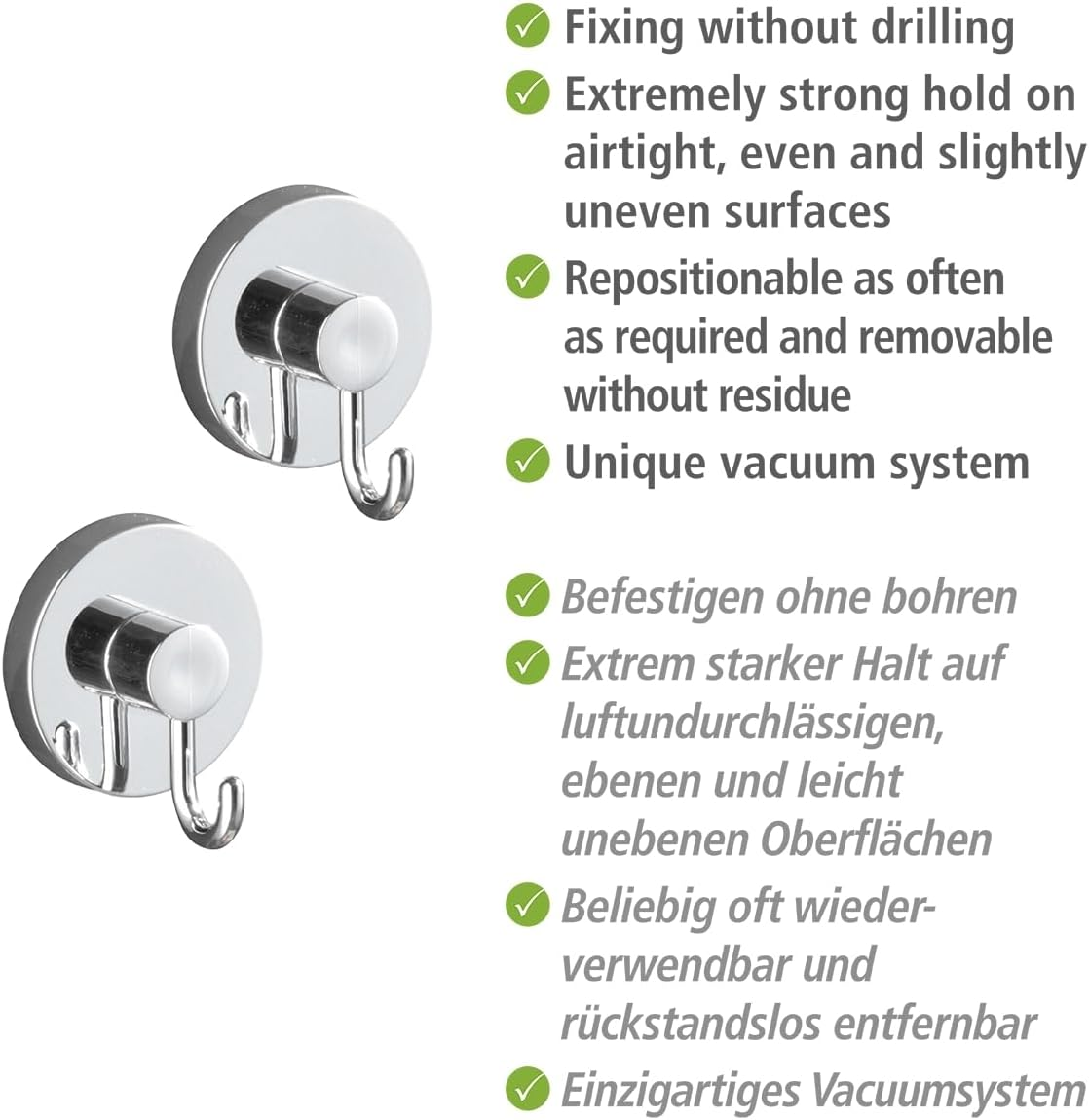 WENKO Wall Hooks with Loc-Vacuum Technology, for Hanging, Storage, for Shower, for Kitchen, No Drilling, No Holes, No Screws, without Nails, 9.29" X 1.57" X 3.74", Chrome image number 2