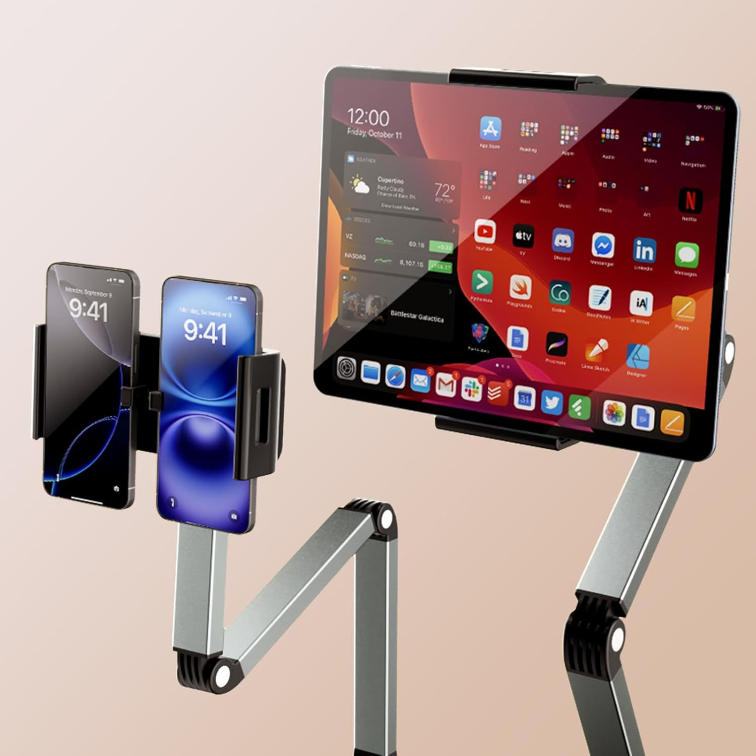Tablet Stand Holder, Foldable Ipad Phone Tablet Stand for Desk and Bed, Aluminum Alloy Arm Mount 360&deg; Adjustable Phone Holder Compatible, Phones or Other 4.7-16" Device (Black) image number 1