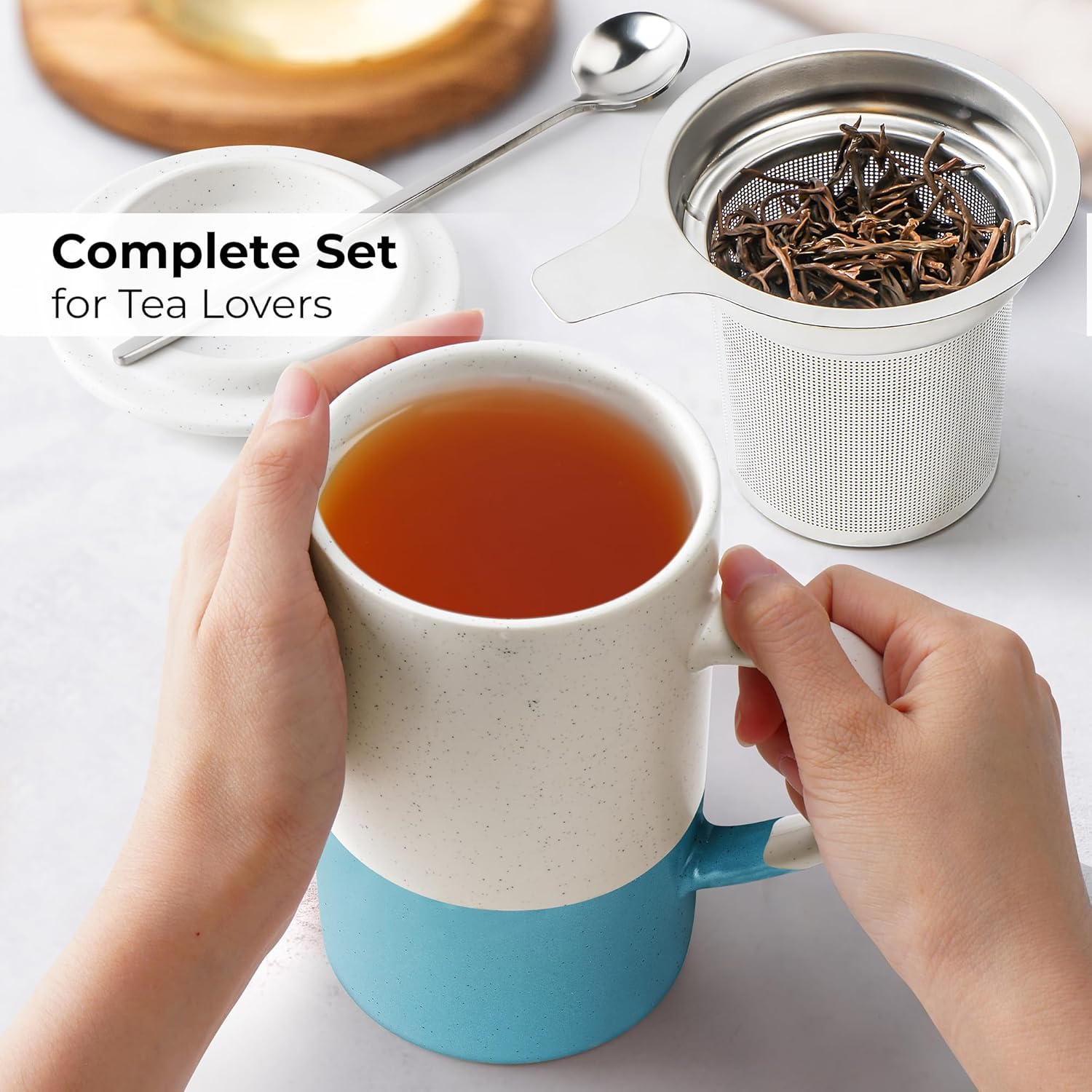 MIAMIO - Tea Cup Set 2 X 500 Ml with Infuser and Lid/Ceramic Tea Mug with Infuser and Spoon for Steeping Loose Leaf Tea, Gifts for Tea Lovers - Microwave & Dishwasher Safe (Blue) - Brown image number 5