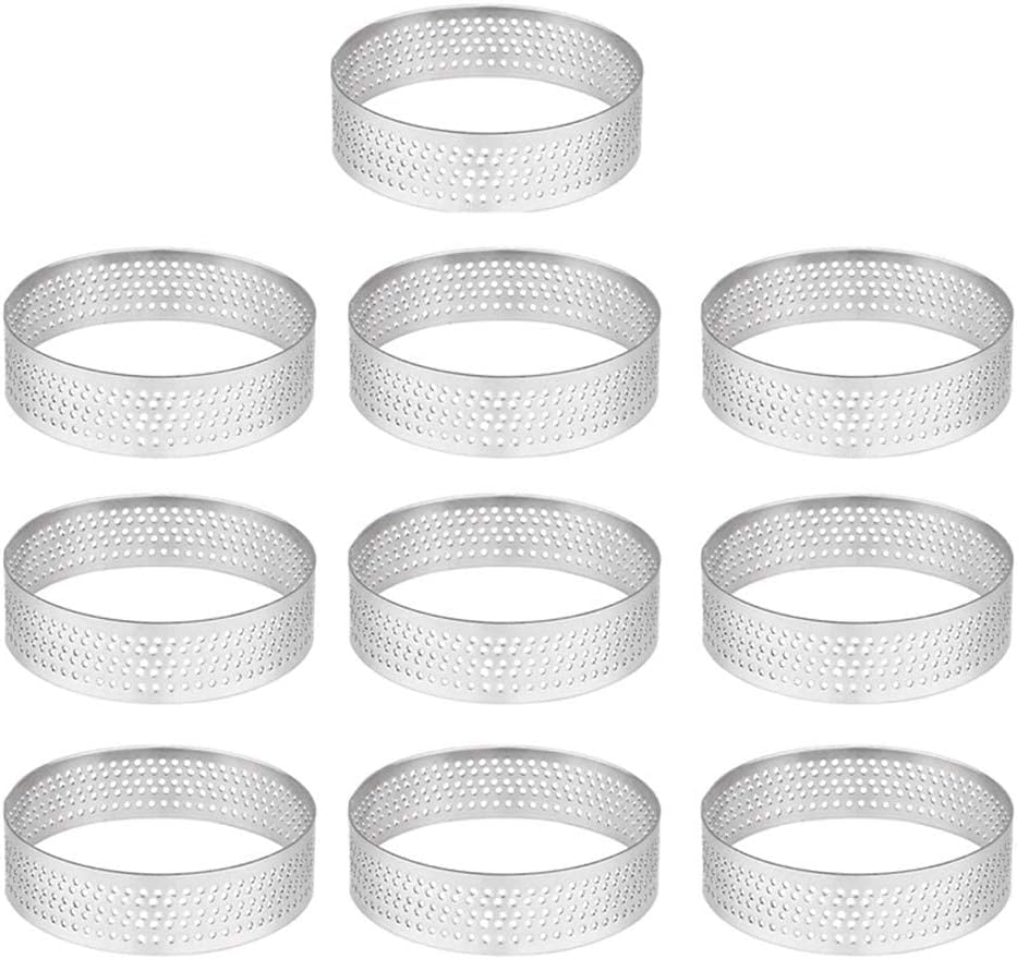 10 Pcs 2.76 Inch 304Stainless Steel Tart Ring, Heat-Resistant Perforated Cake Mousse Ring, round Ring Baking Doughnut Tools (7Cm) image number 2