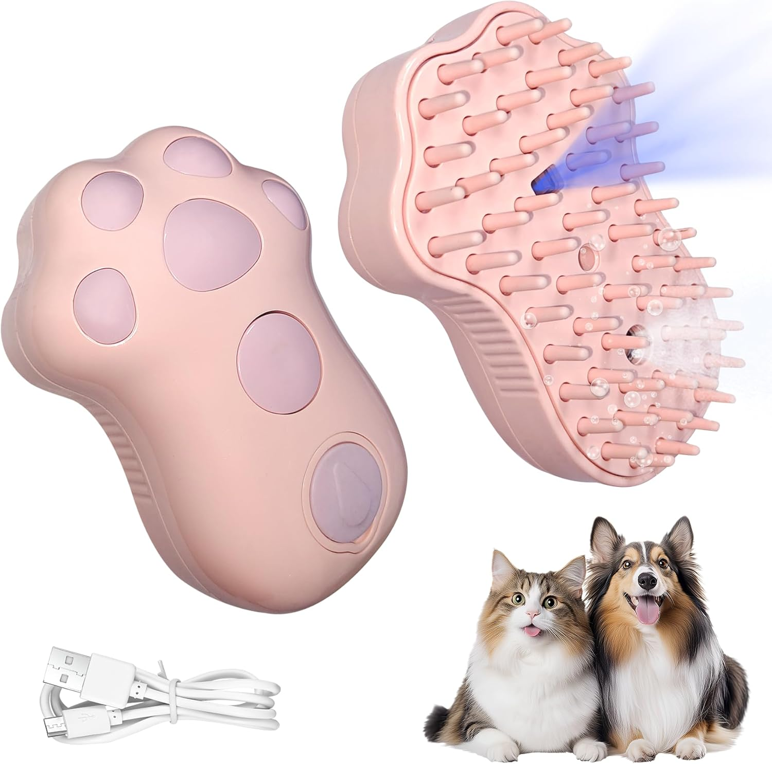 Oiuyamn 4-In-1 Cat Hair Removal Steam Brush, Silicone Cat Steam Brush with UV Light Steam Cat Brush for Massage/Grooming Pet Hair