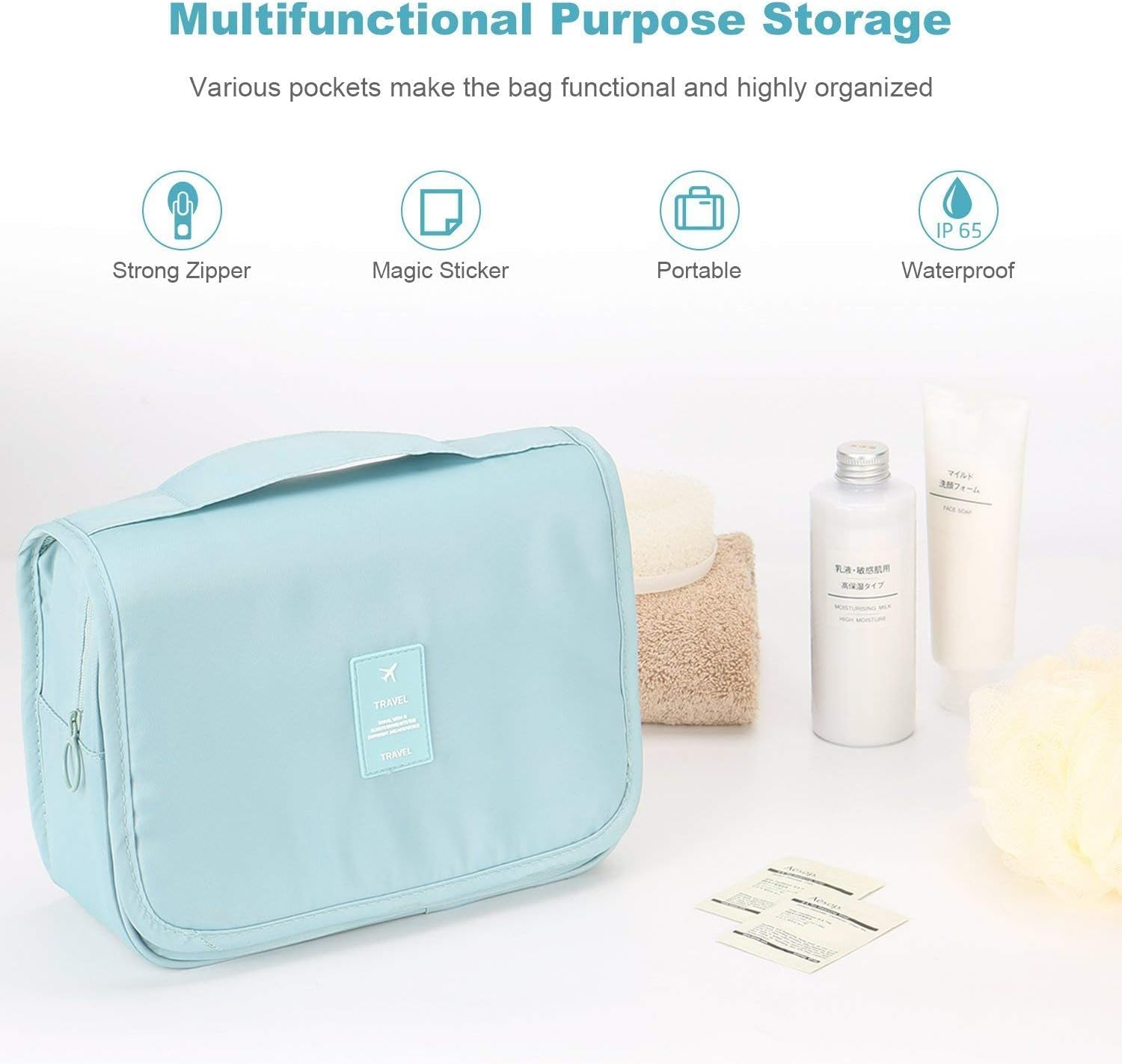 My Corgi Living Hanging Toiletry Bag with 2 Refillable Travel Size Perfume Bottle- Portable Travel Size Hanging Travel Makeup and Jewelry Organizer with Multiple Compartments for Men, Women (Grey) image number 2