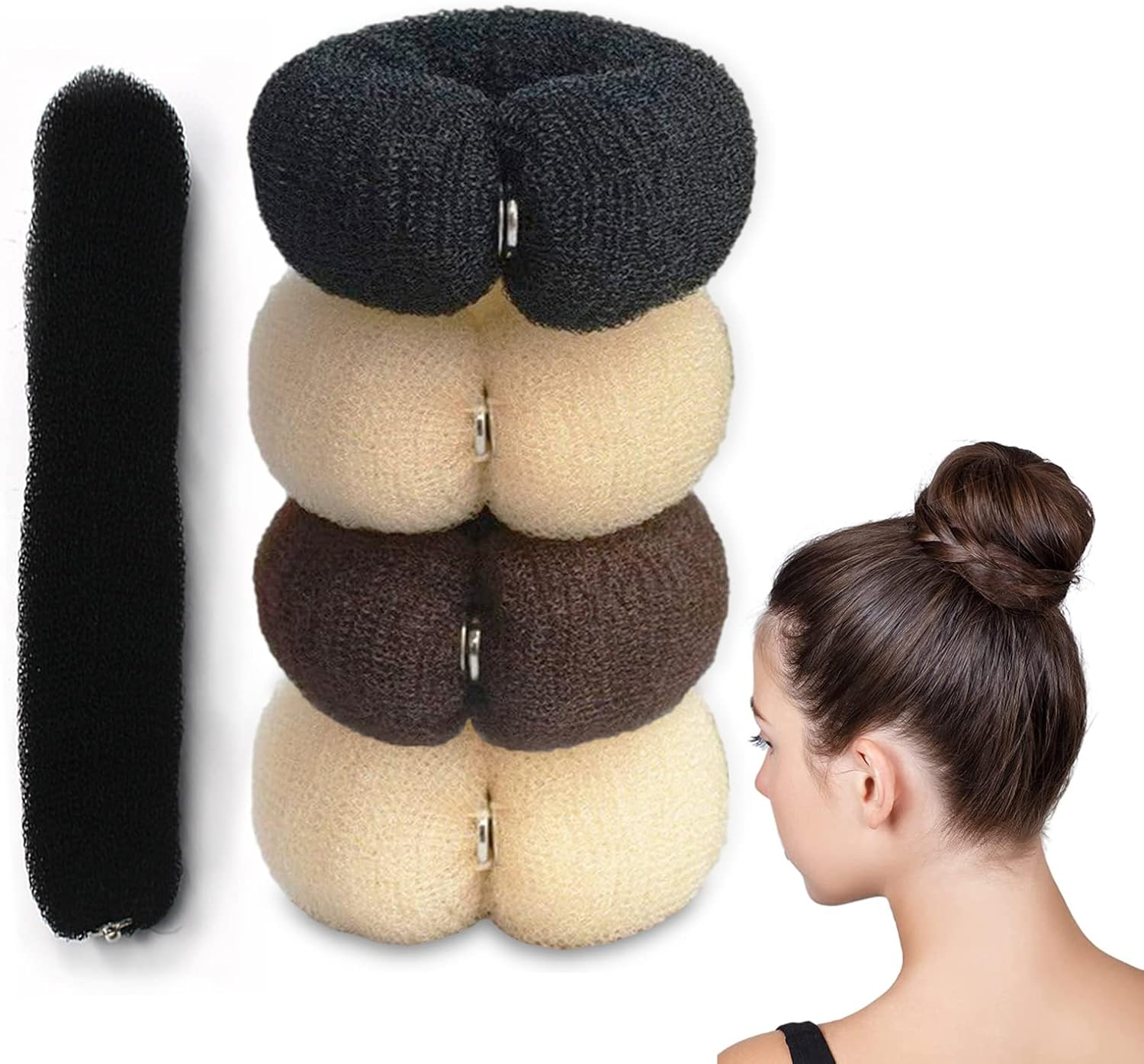 Srup Pack of 4 Bun Cushions, Large Doughnut Hair Bun Maker Set, Updo Accessories, Hair Doughnut Maker Set, Beige Hair Bun Donut, Doughnut Hair Updo Accessories (Black, Brown, Creamy White) image number 2