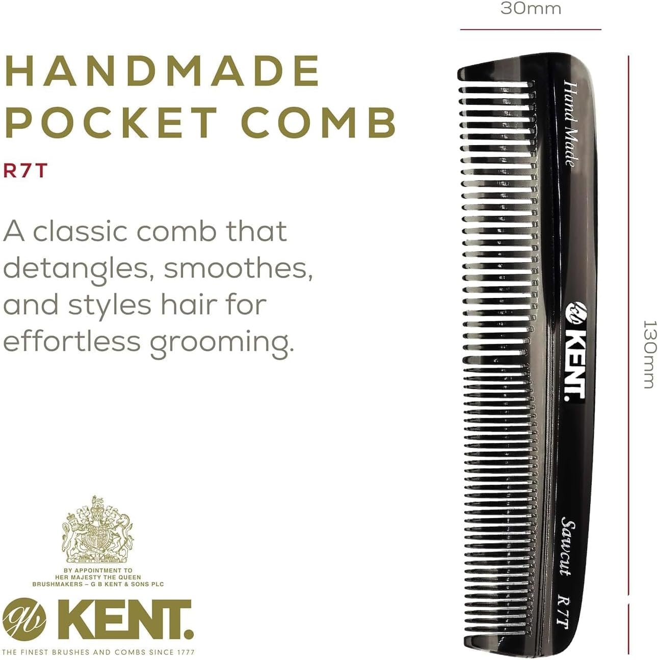 Kent R7T Small Double Tooth Hair Pocket Comb, Fine / Wide Tooth Comb for Hair, Beard and Mustache, Coarse / Fine Hair Grooming Comb for Men, Women and Kids. Saw Cut Hand Polished. Handmade in England image number 4