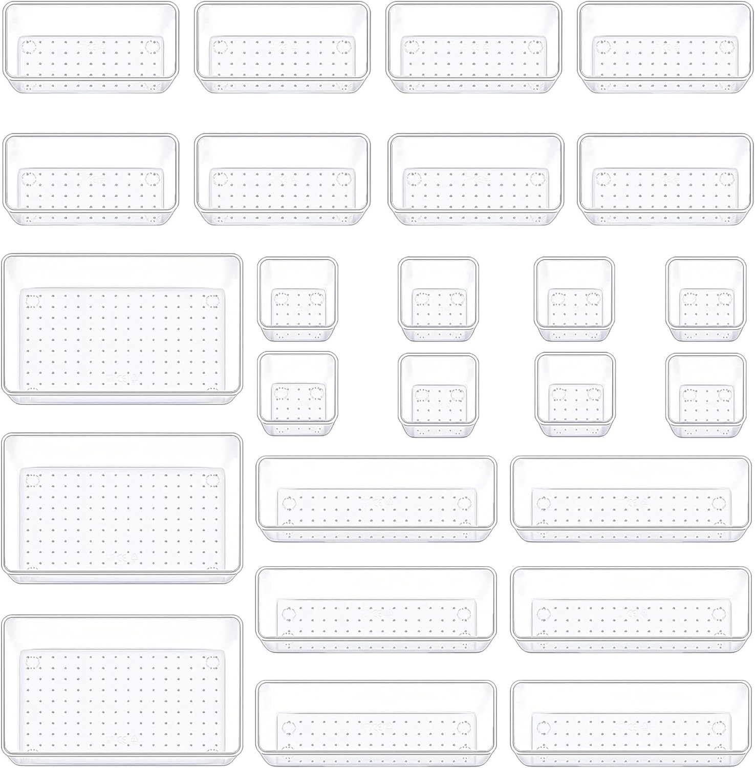 Clear Plastic Drawer Organizers Set Bathroom and Vanity Drawer Organizer Trays Storage Bins Containers for Makeup Bedroom Office (44PCS)