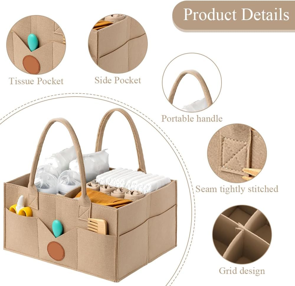Diaper Caddy Organizer, with Handle and Multiple Compartments, Portable Diaper Tote Bag, Nappy Caddy Storage Basket, Large Travel Car Caddy, Khaki image number 2
