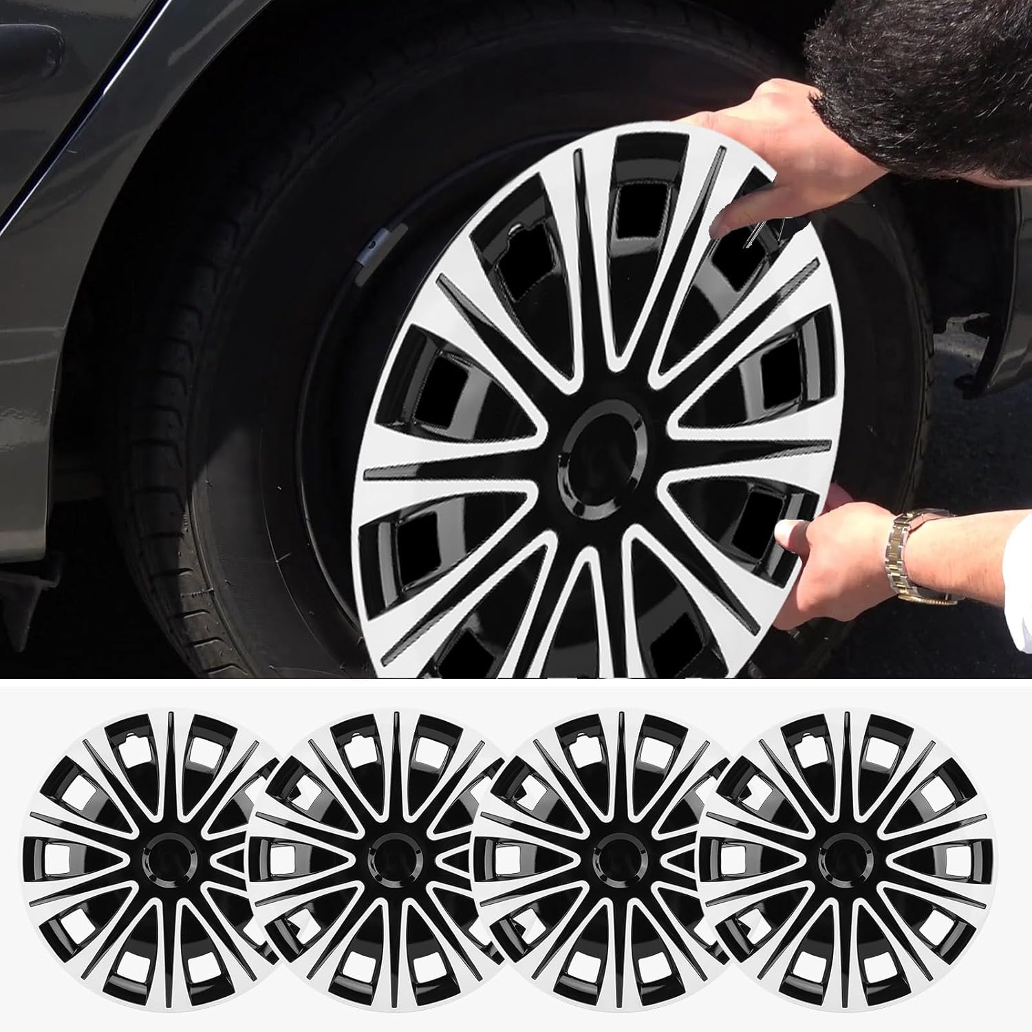 Jiawu 17 Inch Hubcaps Set of 4, Universal Replacement Wheel Cover for R17 Steel Rim, ABS Wheel Rim Cover, Snap on Installation, Automotive Wheel Tire Covers Accessories image number 1