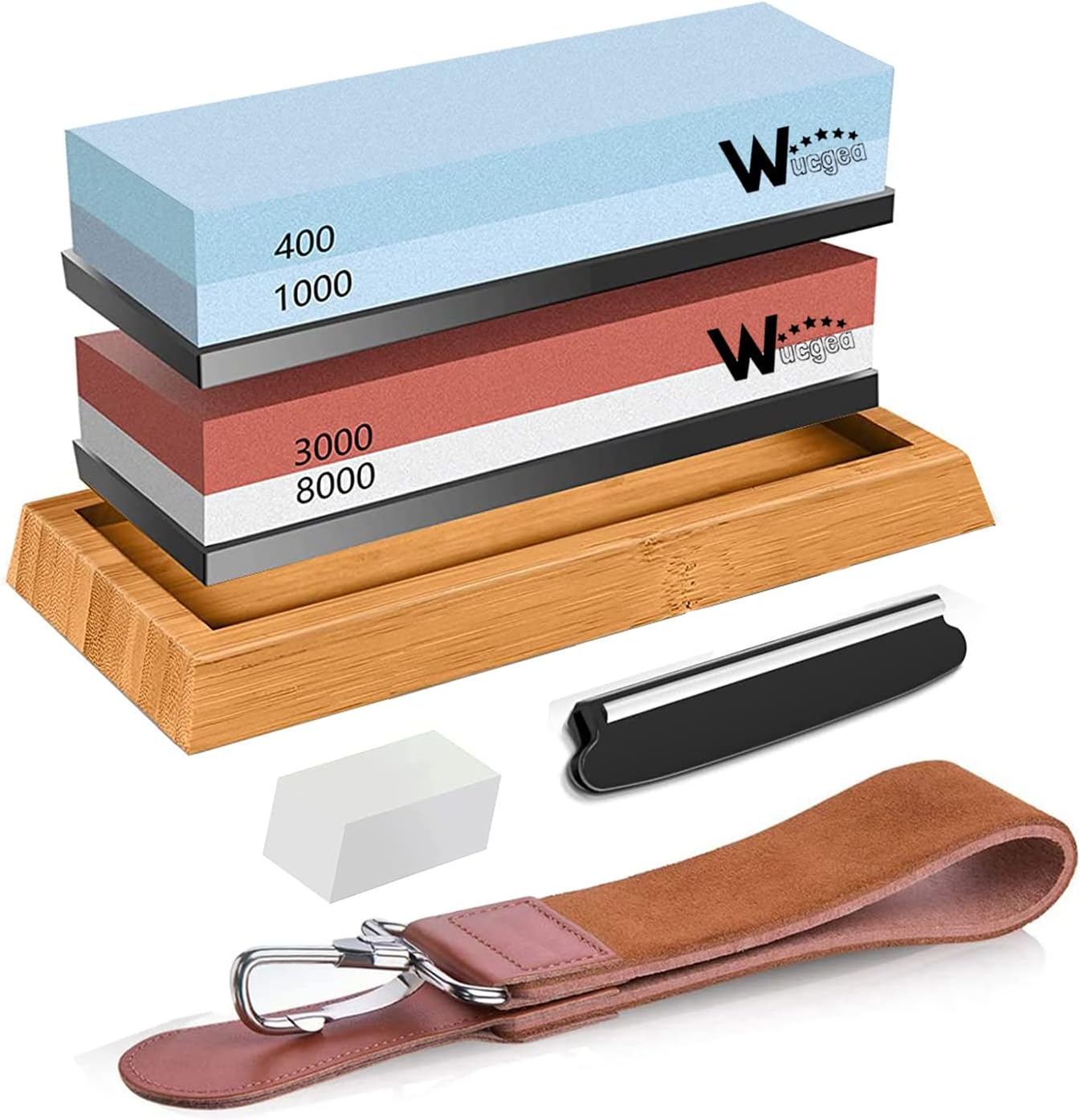 Wucgea Knife Sharpening Stone Kit - 400/1000 3000/8000 Grit Japanese Whetstone Sharpener Set with Non-Slip Rubber Base Angle Guide Flattening Stone and Leather Strop&hellip; image number 4