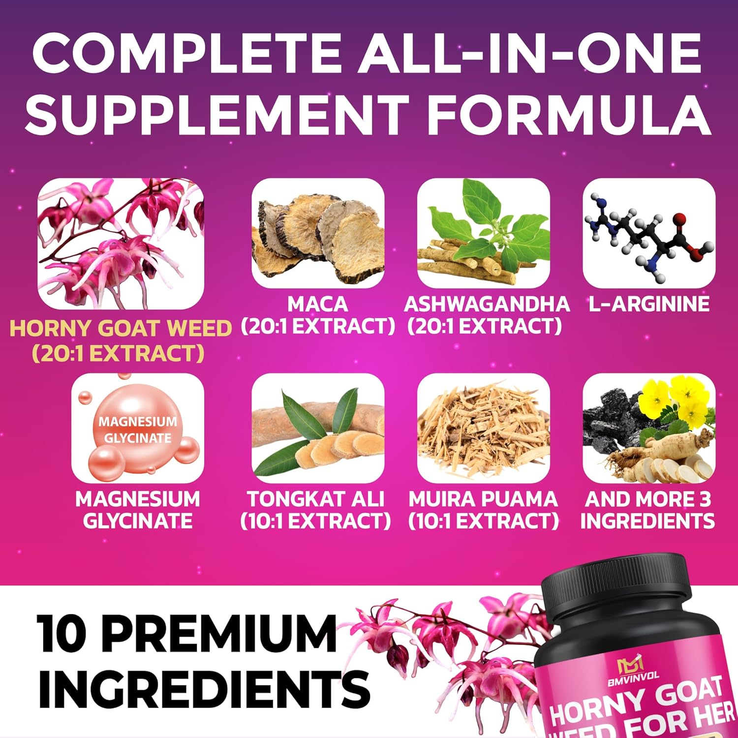 10-In-1 Horny Goat Weed for Her - Maca, Ashwagandha, Magnesium Glycinate, Tongkat Ali, Muira Puama, Ginseng, Shilajit, Tribulus Terrestris - 60 Capsules image number 6