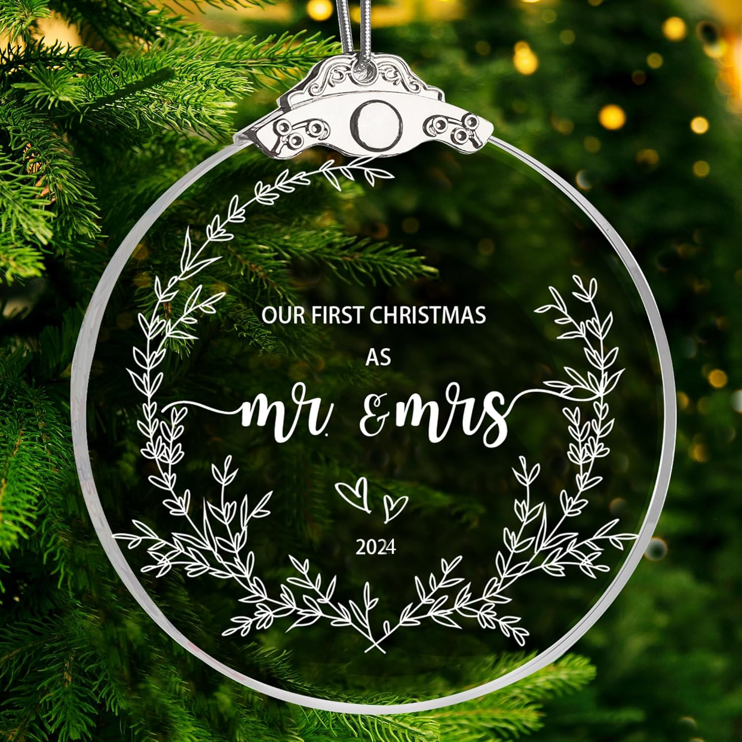 ZUNON Bridal Shower First Christmas as Mr Mrs 2024 Our Wedding Decoration Ornaments for Newlywed Holiday Party (3' Glass Our First Christmas as Mr Mrs) image number 2