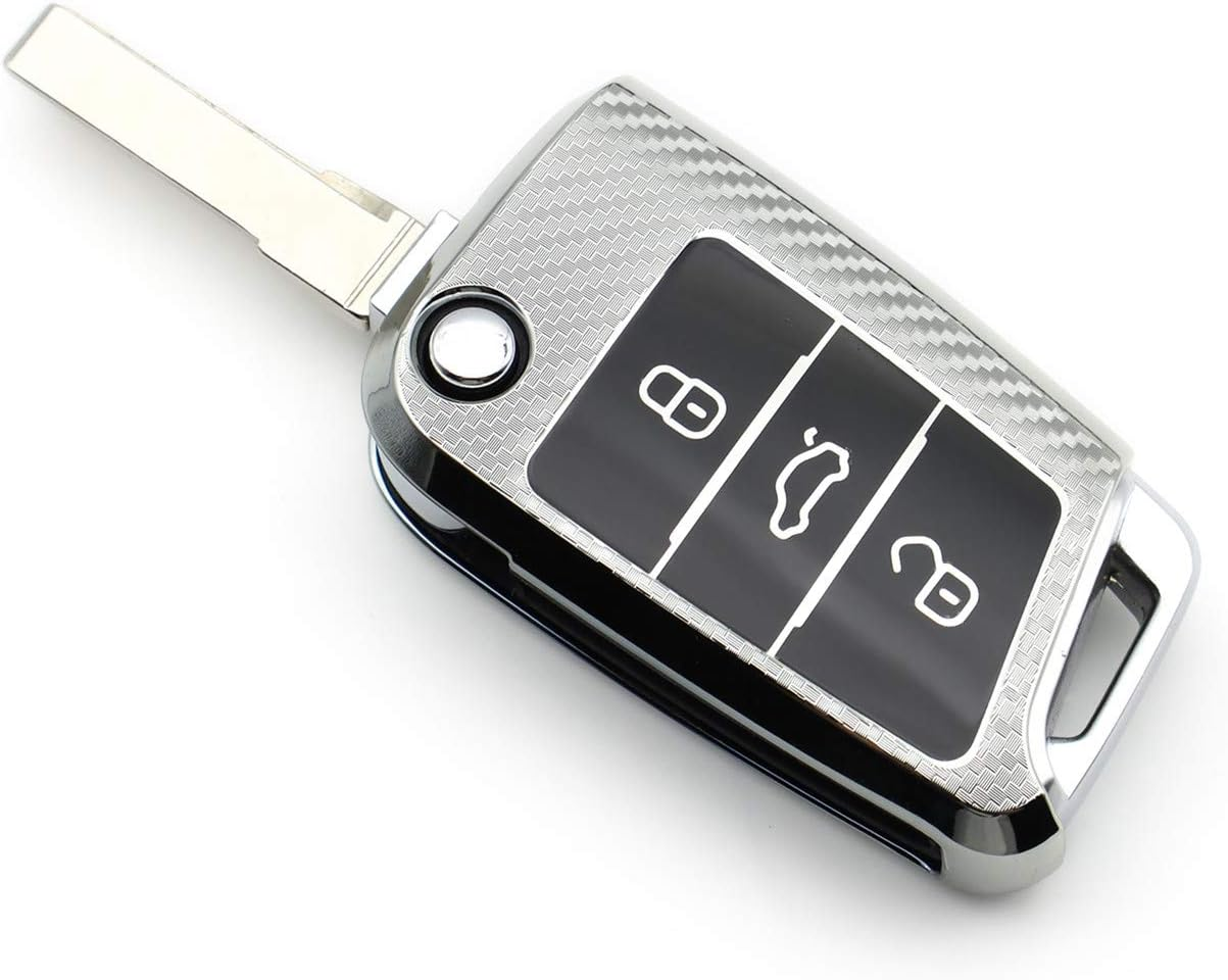 M.Jvisun Soft Carbon Fiber Finish Car Key Fob Cover for Volkswagen Atlas Golf Jetta Polo for Tiguan for Skoda Kodiaq Karoq for Audi A1 for Seat Ateca Leon Flip Key TPU Case with Keychain - Silver image number 3