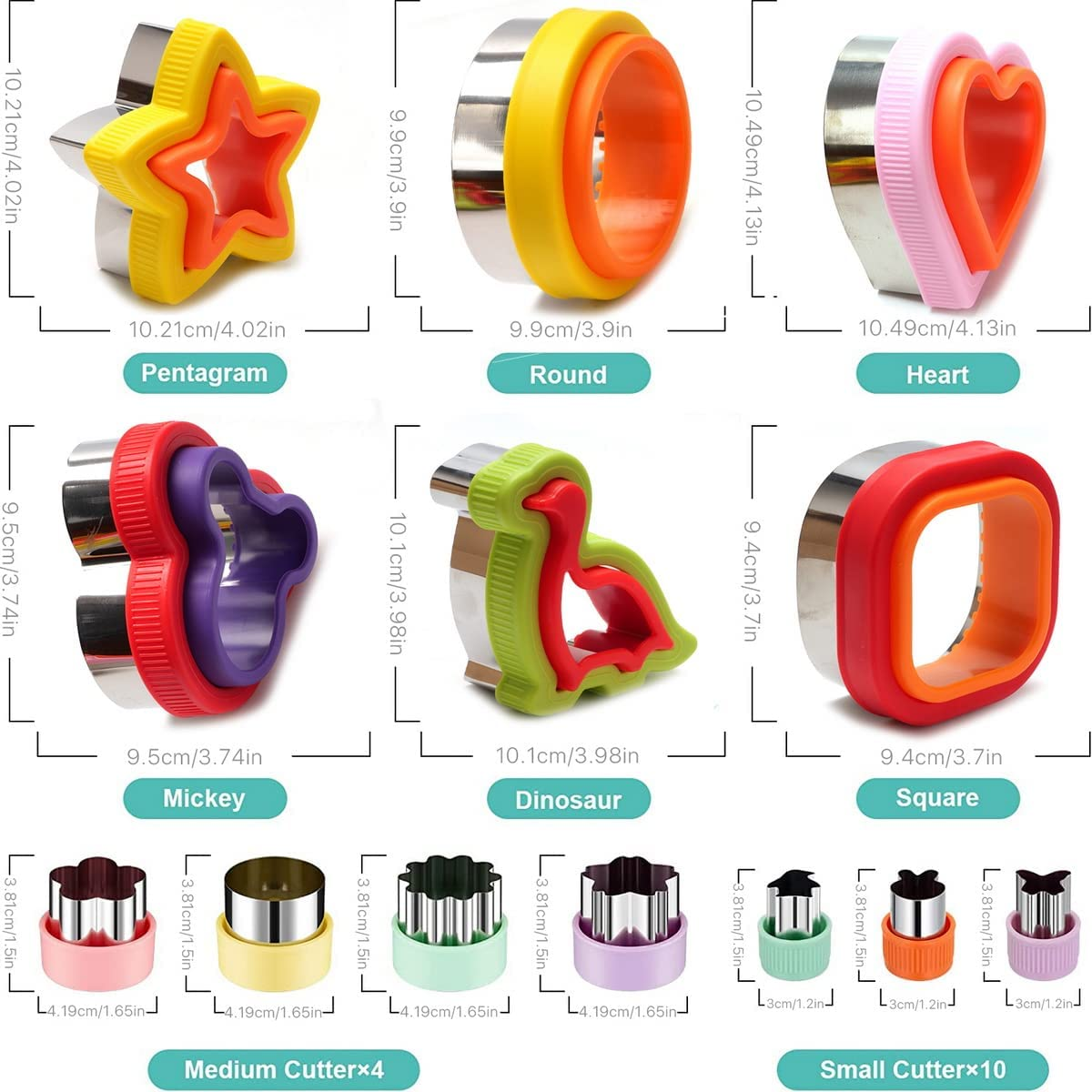 20Pcs Sandwich Cutter and Sealer Set for Kids, Stainless Steel Uncrustable Sandwich Maker Decruster Cookie Cutters Fruit Vegetable Cutter for Boys Girls Adult Lunch Bento Box with Heart Square Mouse Dinosaur Star Circle Shapes, Etc