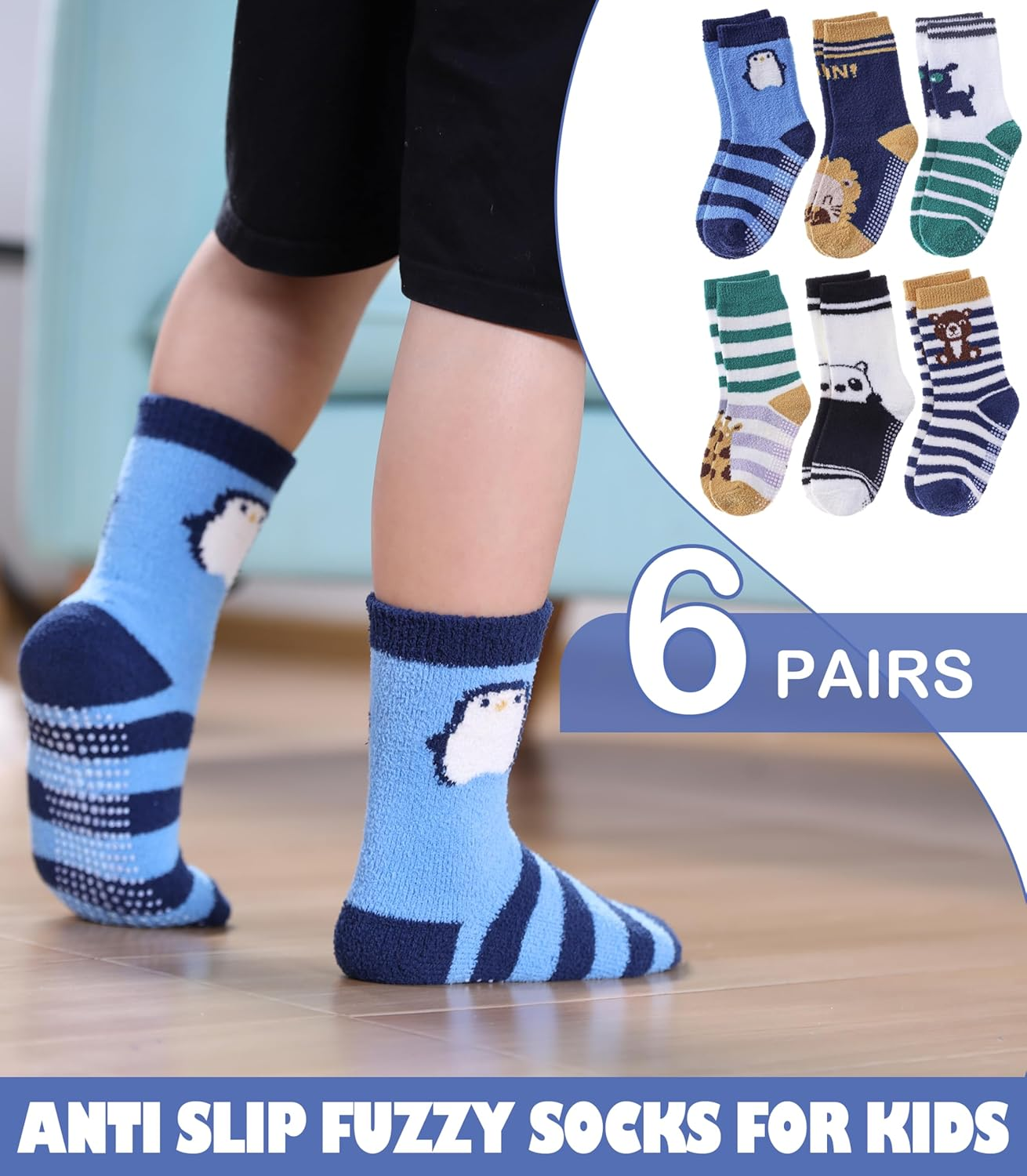 LINEMIN Kids Boys Toddlers Fuzzy Socks with Grips Cute Fun Animal Cozy Fluffy Winter Warm Non Slip Crew Socks 6 Pairs image number 1