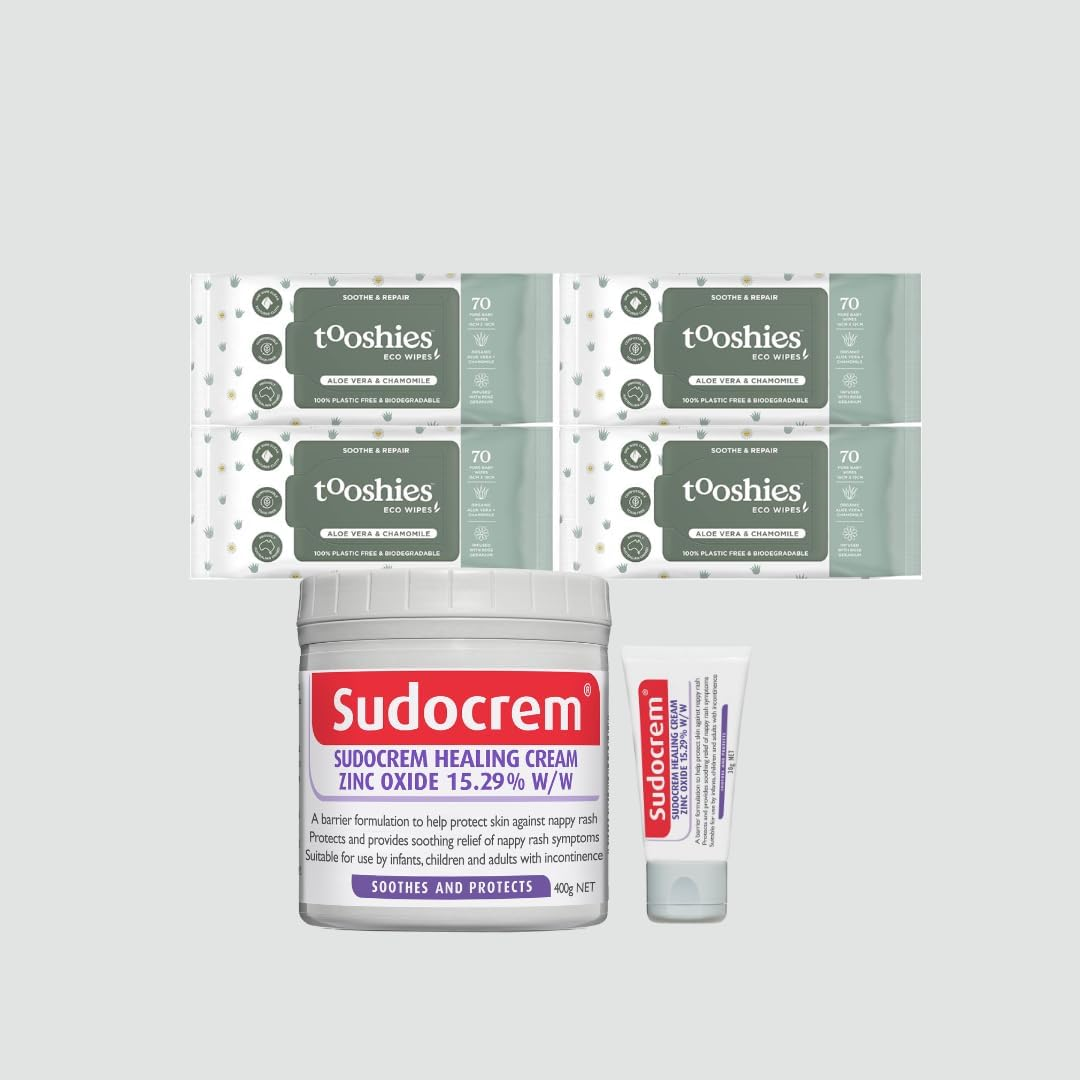 Tooshies Aloe Vera & Chamomile Eco Wipes, 280 Pack + Sudocrem Healing Cream 30G Tube + Sudocrem Healing Cream 400G