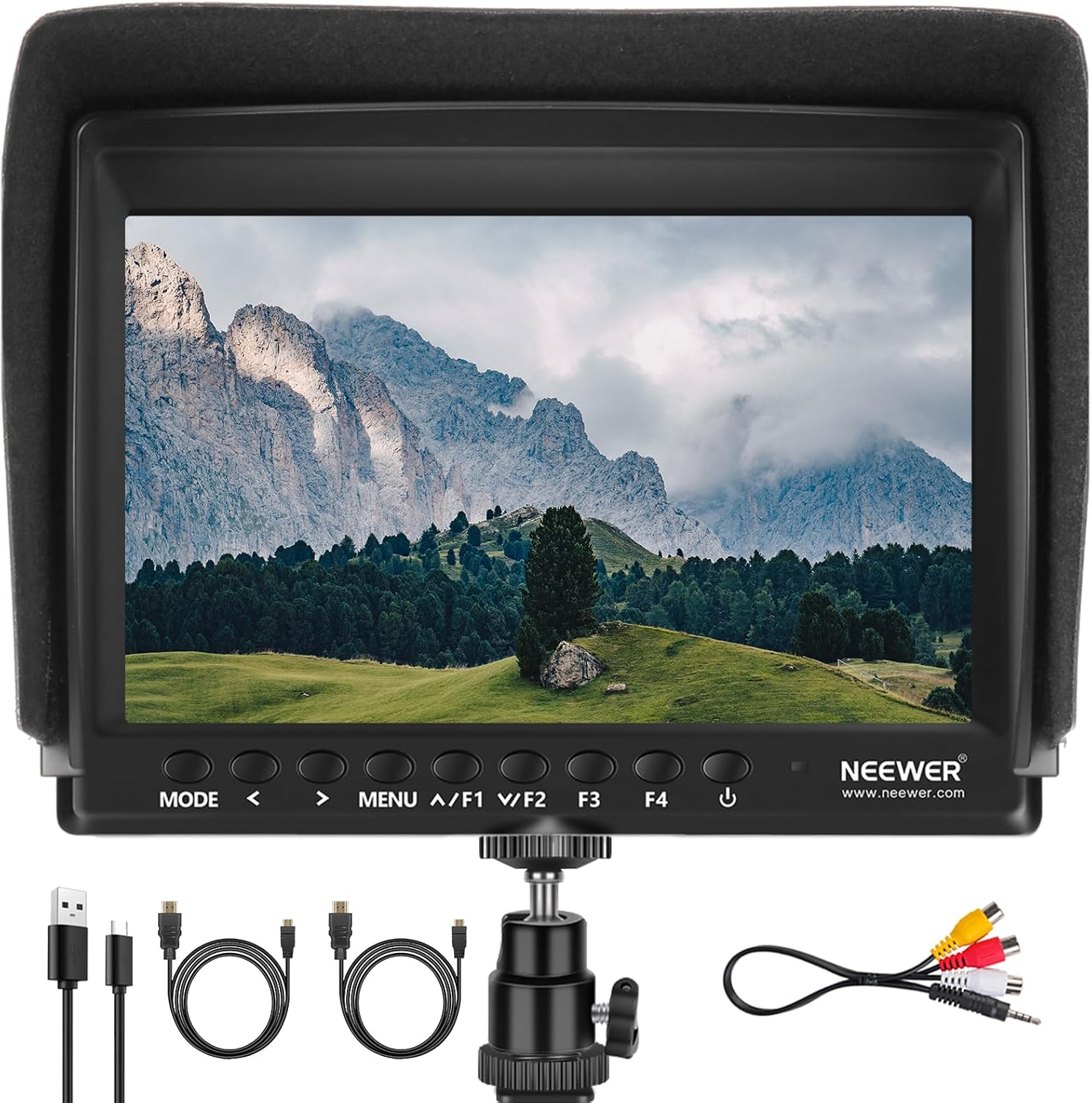 NEEWER F100 7Inch Camera Field Monitor, 450Nit HD Video Assist IPS 1280X800 HDMI Input 1080P with Peak Focus, Histogram, Sunshade for Dslrs, Handheld Stabilizer, Film Video Making Rig (NO Battery) image number 1